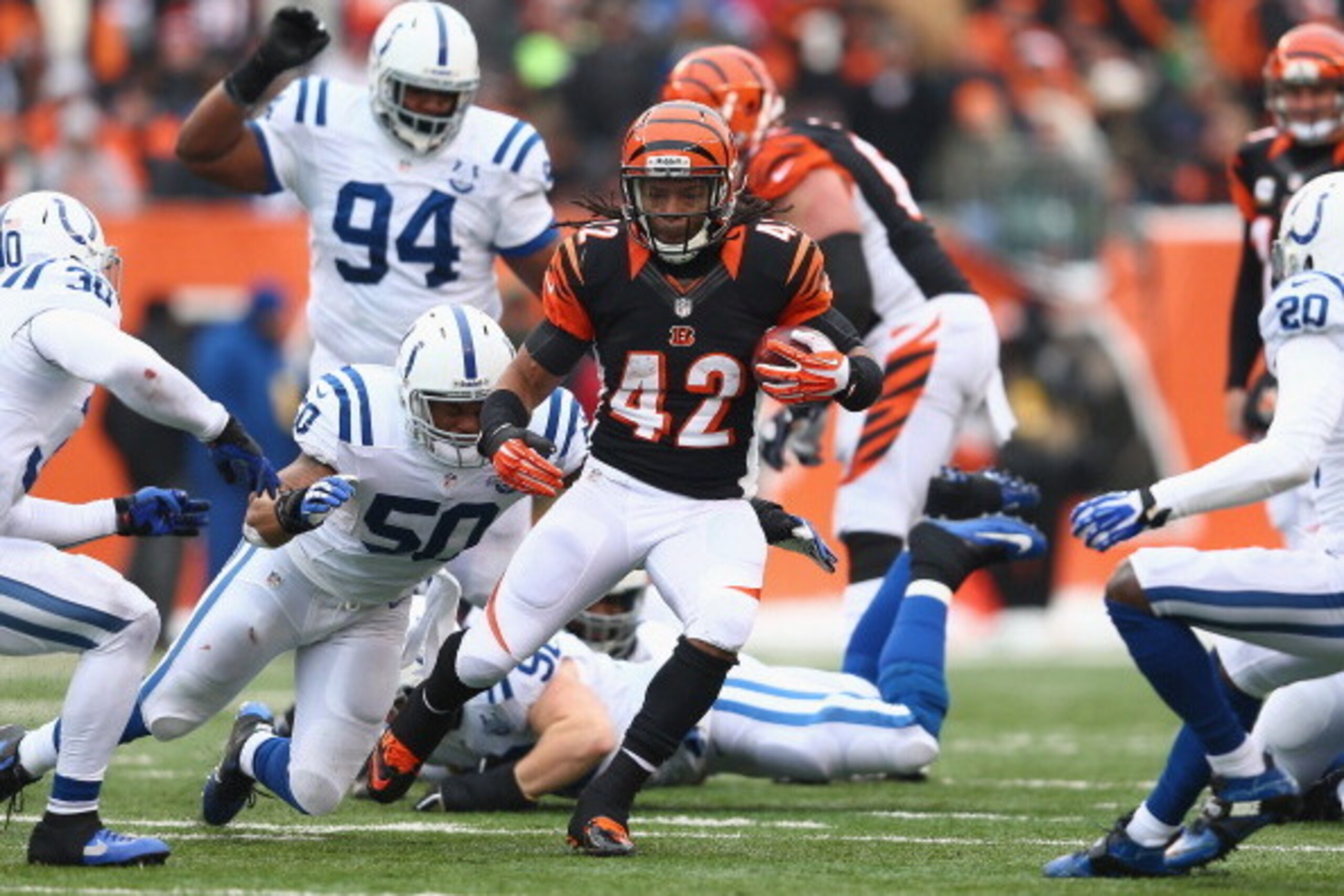 CINCINNATI, OH - DECEMBER 08: BenJarvus Green-Ellis #42 of the Cincinnati Bengals runs with the ball during the NFL game against the Indianapolis Colts  at Paul Brown Stadium on December 8, 2013 in Cincinnati, Ohio.  (Photo by Andy Lyons/Getty Images)
