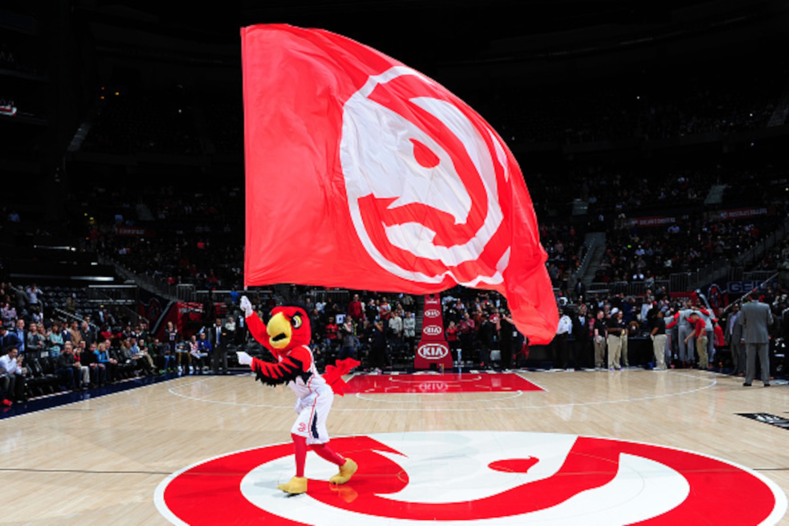 ATLANTA, GA - MARCH 3: The Atlanta Hawks mascot Harry before the game against the Houston Rockets on March 3, 2015 at Philips Arena in Atlanta, Georgia.  NOTE TO USER: User expressly acknowledges and agrees that, by downloading and/or using this Photograp