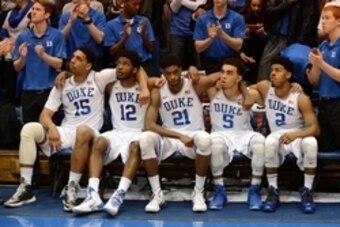 Feb 7, 2015; Durham, NC, USA; Duke Blue Devils starters center Jahlil Okafor (15) and forward Justise Winslow (12) and forward Amile Jefferson (21) and guard Tyus Jones (5) and guard Quinn Cook (2) wait to be introduced prior to the first half against the