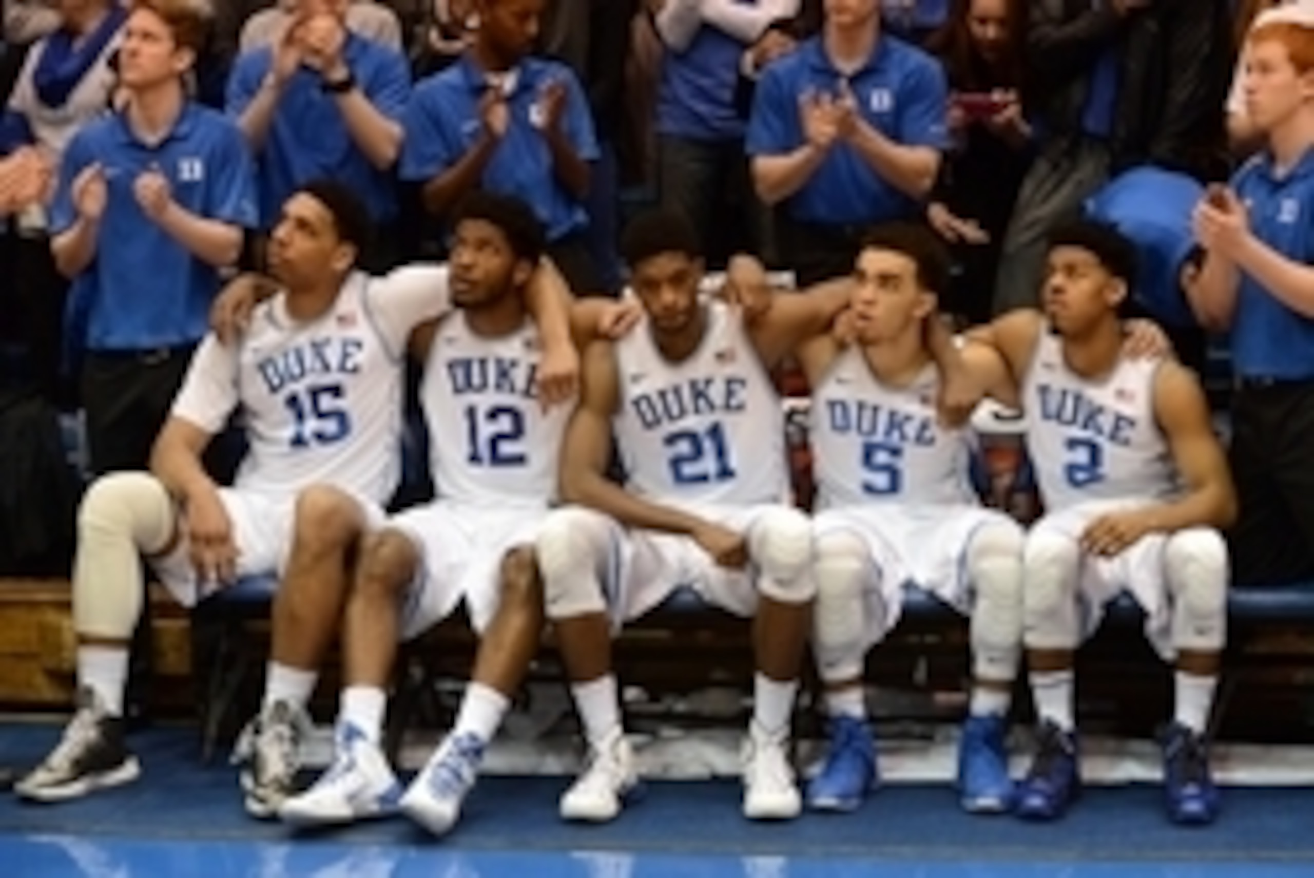 Feb 7, 2015; Durham, NC, USA; Duke Blue Devils starters center Jahlil Okafor (15) and forward Justise Winslow (12) and forward Amile Jefferson (21) and guard Tyus Jones (5) and guard Quinn Cook (2) wait to be introduced prior to the first half against the