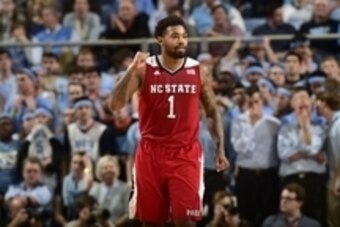 Feb 24, 2015; Chapel Hill, NC, USA; North Carolina State Wolfpack guard Trevor Lacey (1) reacts in the second half. The North Carolina State Wolfpack defeated the North Carolina Tar Heels 58-46 at Dean E. Smith Center. Mandatory Credit: Bob Donnan-USA TOD