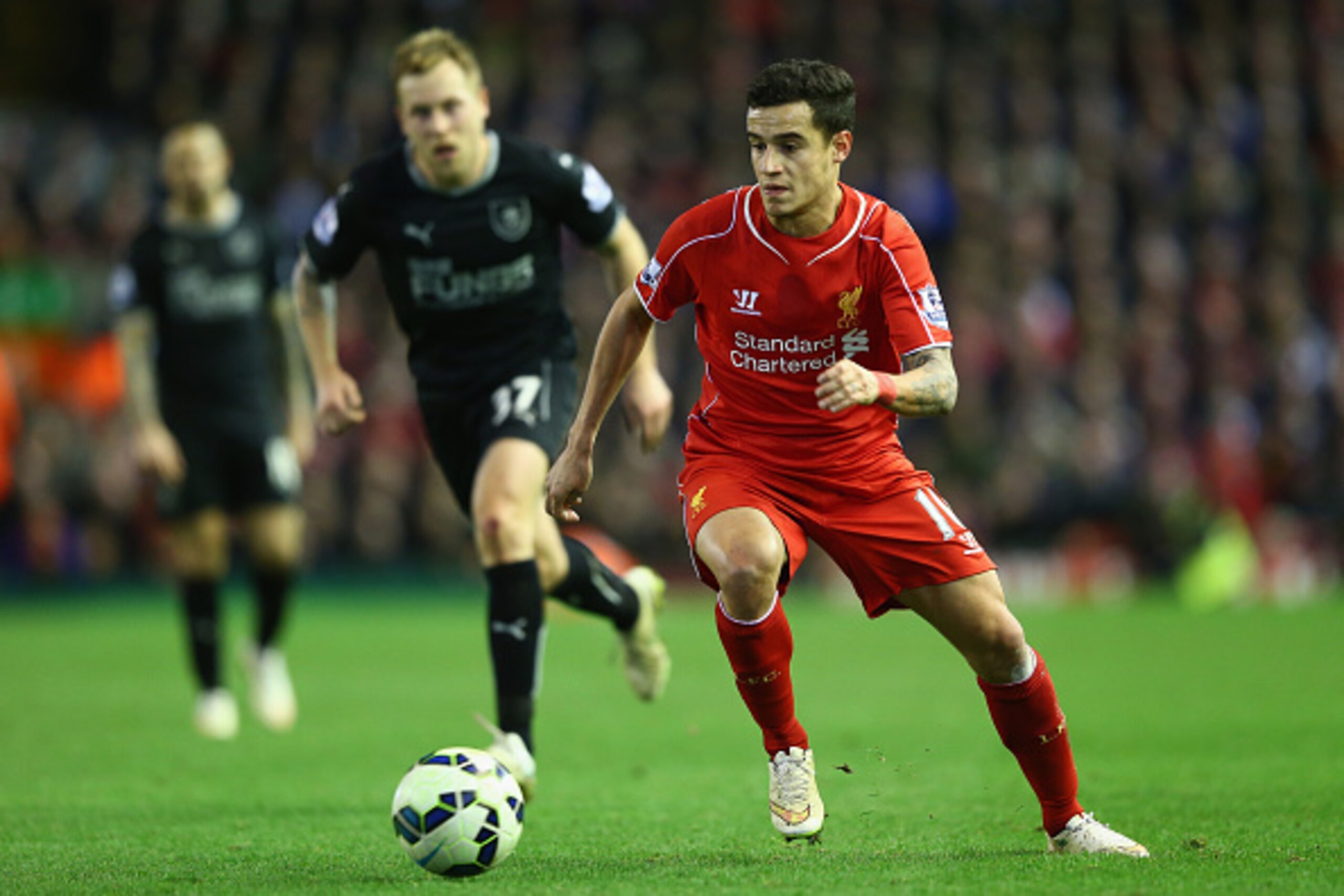 LIVERPOOL, ENGLAND - MARCH 04:  Philippe Coutinho of Liverpool during the Barclays Premier League match between Liverpool and Burnley at Anfield on March 4, 2015 in Liverpool, England.  (Photo by Michael Steele/Getty Images)