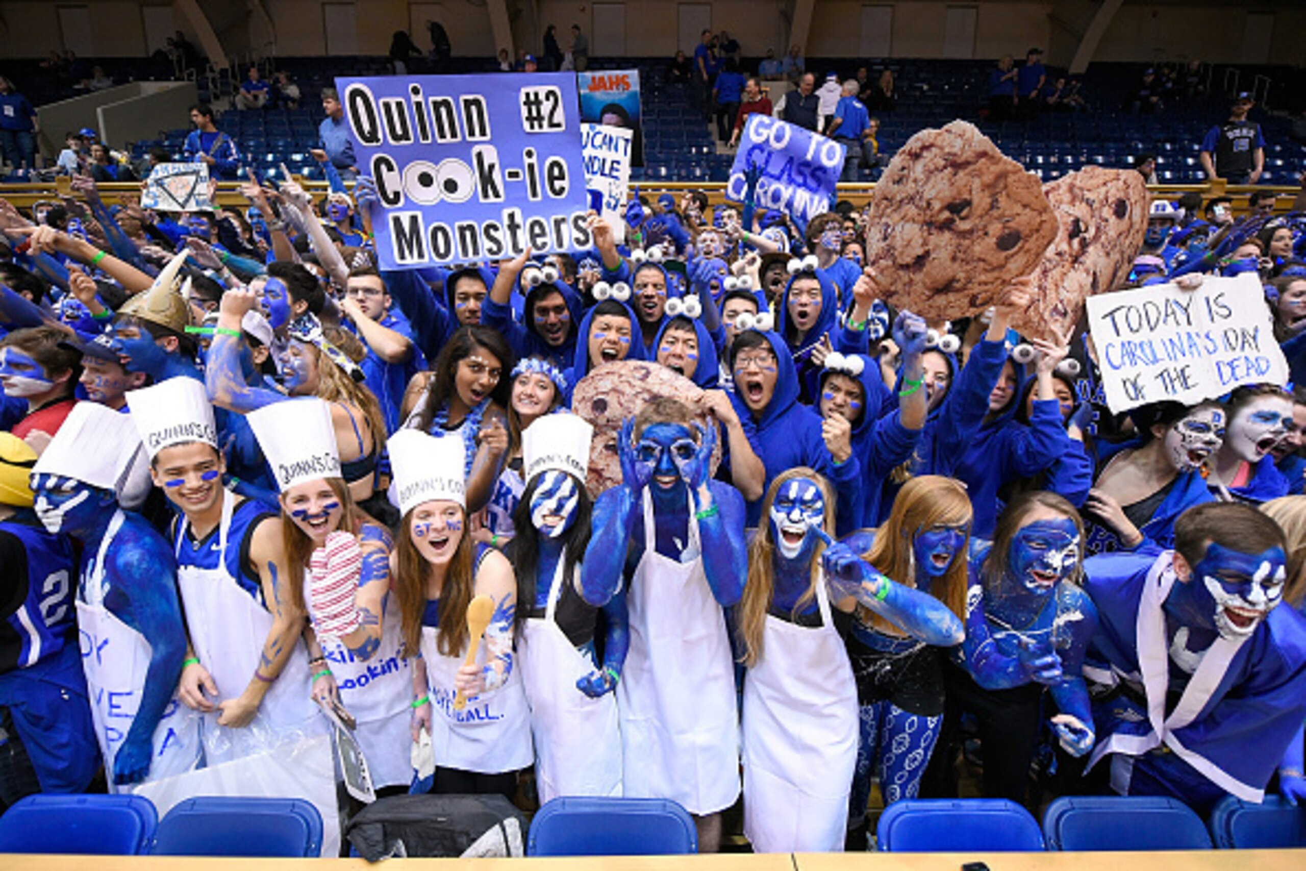 DURHAM, NC - FEBRUARY 18: The Cameron Crazies taunt the North Carolina Tar Heels as they warm up before a game against the Duke Blue Devils at Cameron Indoor Stadium on February 18, 2015 in Durham, North Carolina. (Photo by Grant Halverson/Getty Images)