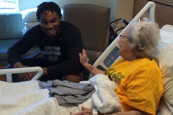 Gathers paid a visit to Petronella Furgeson after she delayed a trip to the hospital following a stroke in order to watch Baylor play Iowa State.