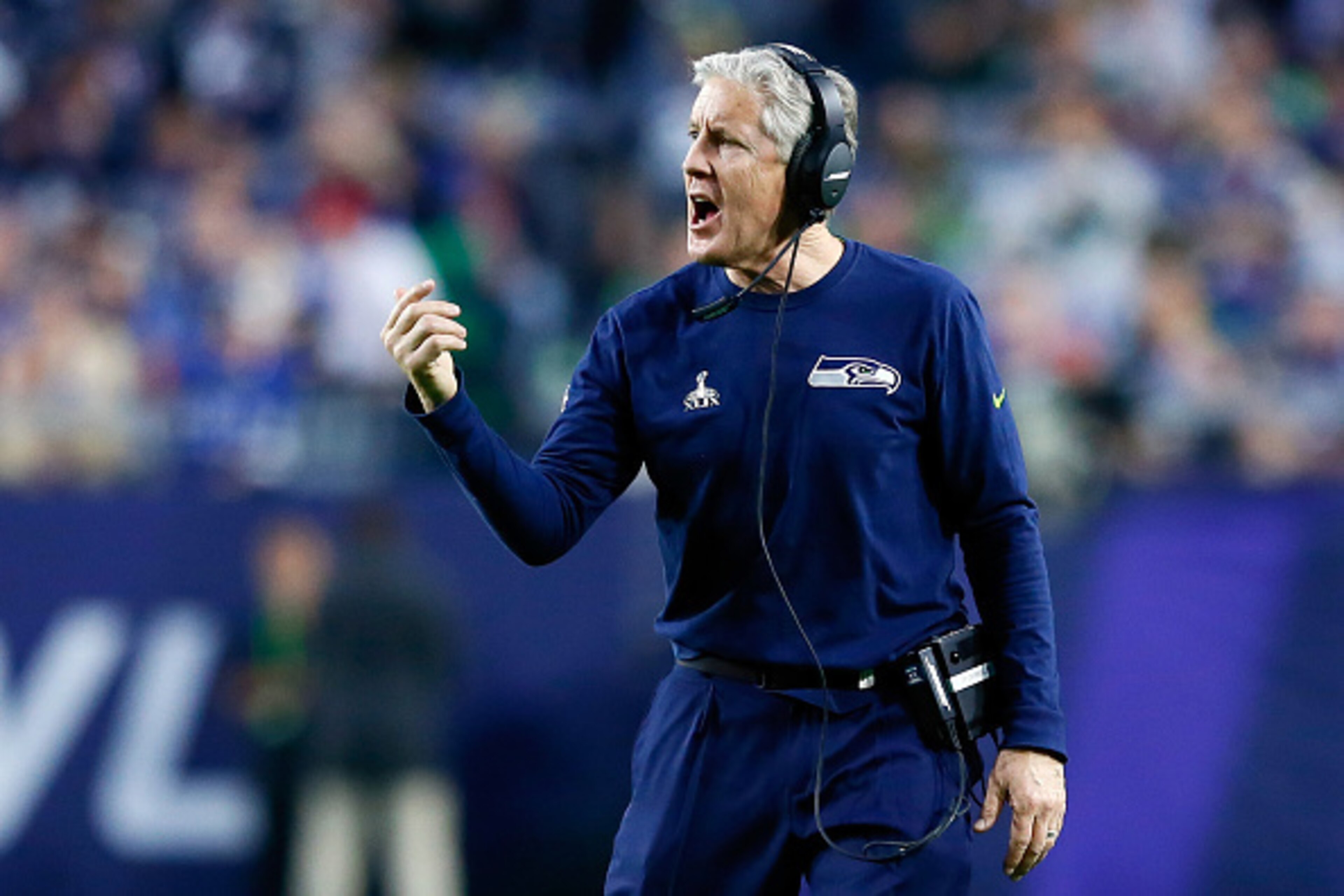 GLENDALE, AZ - FEBRUARY 01:  Head coach Pete Carroll of the Seattle Seahawks signals in the third quarter against New England Patriots during Super Bowl XLIX at University of Phoenix Stadium on February 1, 2015 in Glendale, Arizona.  (Photo by Kevin C. Co