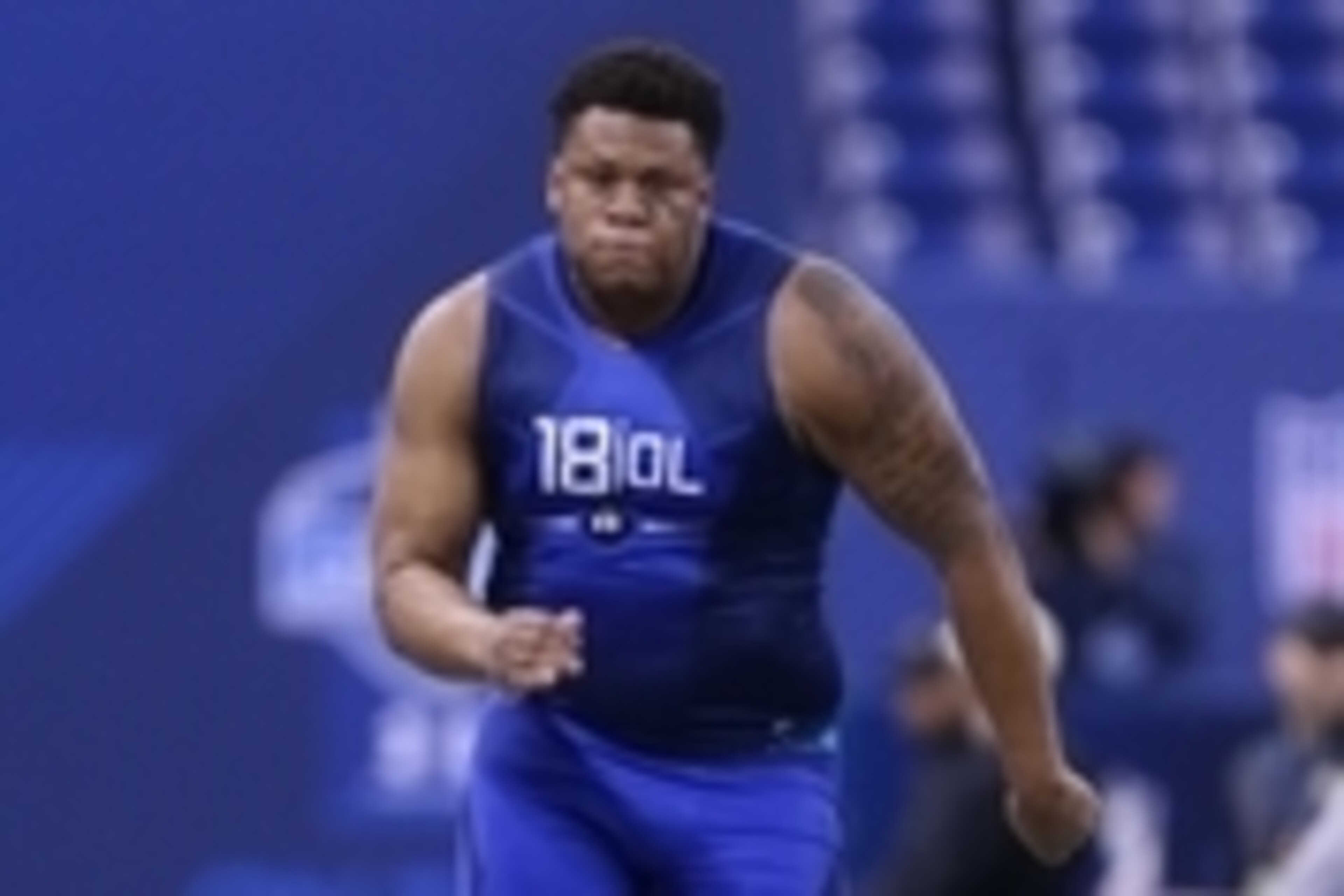 Feb 20, 2015; Indianapolis, IN, USA; Miami Hurricanes offensive linemen Ereck Flowers runs the 40 yard dash during the 2015 NFL Combine at Lucas Oil Stadium. Mandatory Credit: Brian Spurlock-USA TODAY Sports