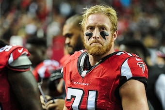 ATLANTA, GA - DECEMBER 28: Kroy Biermann #71 of the Atlanta Falcons reacts on the sidelines in the first half against the Carolina Panthers at the Georgia Dome on December 28, 2014 in Atlanta, Georgia.  (Photo by Scott Cunningham/Getty Images)