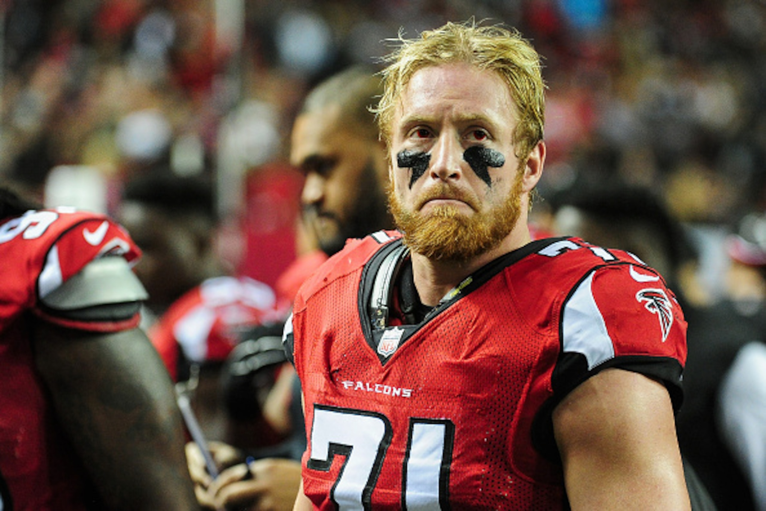 ATLANTA, GA - DECEMBER 28: Kroy Biermann #71 of the Atlanta Falcons reacts on the sidelines in the first half against the Carolina Panthers at the Georgia Dome on December 28, 2014 in Atlanta, Georgia.  (Photo by Scott Cunningham/Getty Images)
