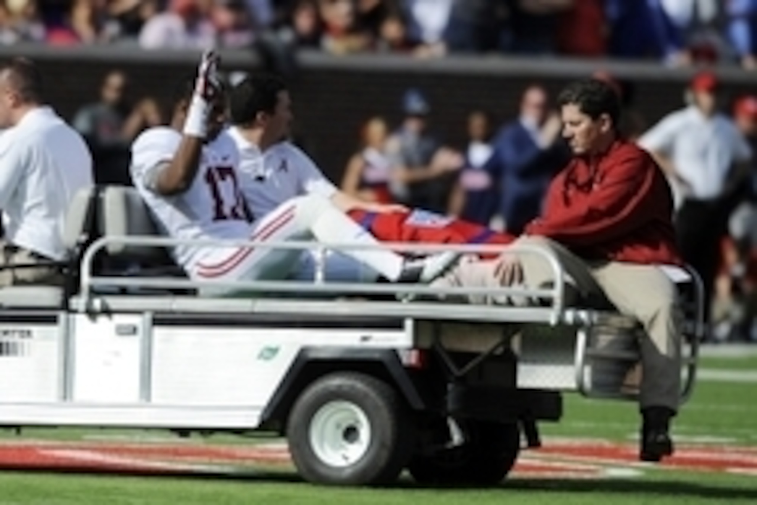 Oct 4, 2014; Oxford, MS, USA; Alabama Crimson Tide running back Kenyan Drake (17) is carted off the field after an injury during the first half against Mississippi Rebels at Vaught-Hemingway Stadium. Mandatory Credit: Christopher Hanewinckel-USA TODAY Spo Oct 4, 2014; Oxford, MS, USA; Alabama Crimson Tide running back Kenyan Drake (17) is carted off the field after an injury during the first half against Mississippi Rebels at Vaught-Hemingway Stadium. Mandatory Credit: Christopher Hanewinckel-USA TODAY Spo
