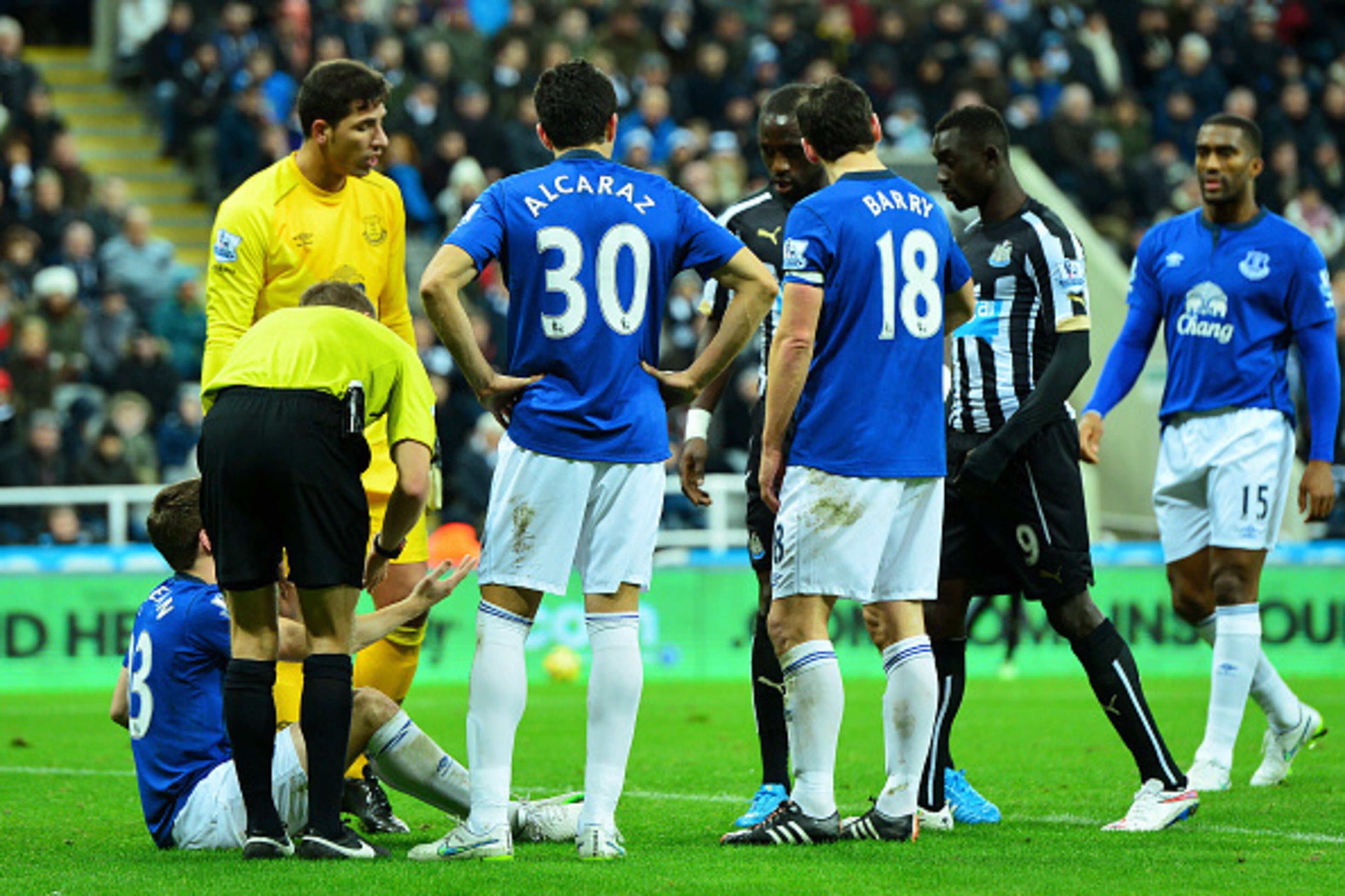 NEWCASTLE UPON TYNE, ENGLAND - DECEMBER 28:  Everton players remonstrate with the referee after Seamus Coleman (Left - floor) of Everton is elbowed by Papiss Demba Cisse (2nd R) of Newcastle United during the Barclays Premier League match between Newcastl