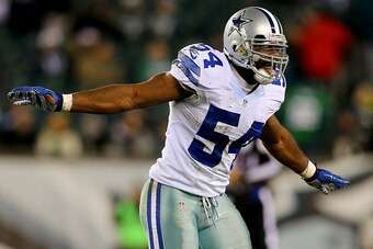 PHILADELPHIA, PA - DECEMBER 14:  Bruce Carter #54 of the Dallas Cowboys celebrates after he intercepted a pass from Mark Sanchez of the Philadelphia Eagles  in the fourth quarter on December 14, 2014 at Lincoln Financial Field in Philadelphia, Pennsylvani