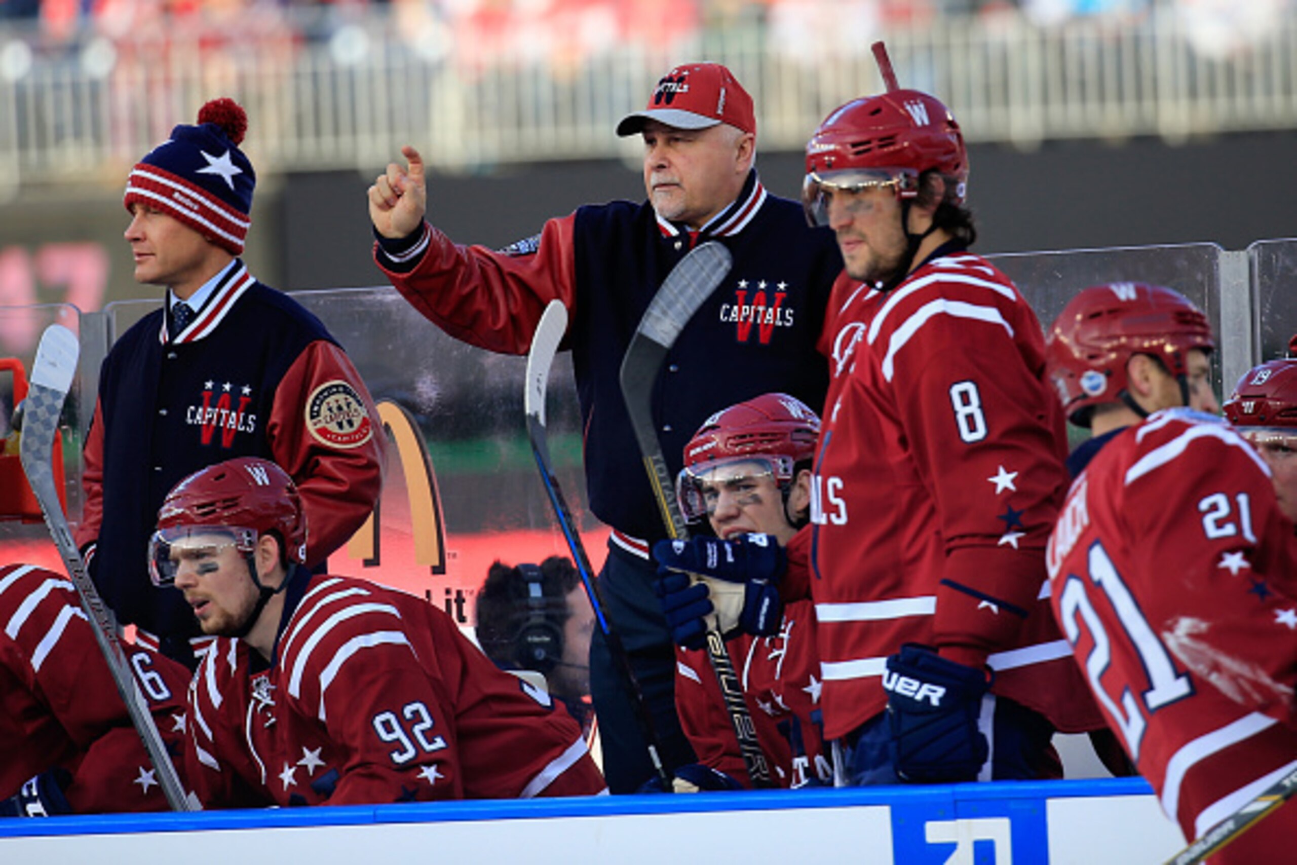 WASHINGTON, DC - JANUARY 01:  Head Coach Barry Trotz of the Washington Capitals looks on next to Alex Ovechkin #8 during the first period of the 2015 NHL Winter Classic against the Chicago Blackhawks at Nationals Park on January 1, 2015 in Washington, DC.