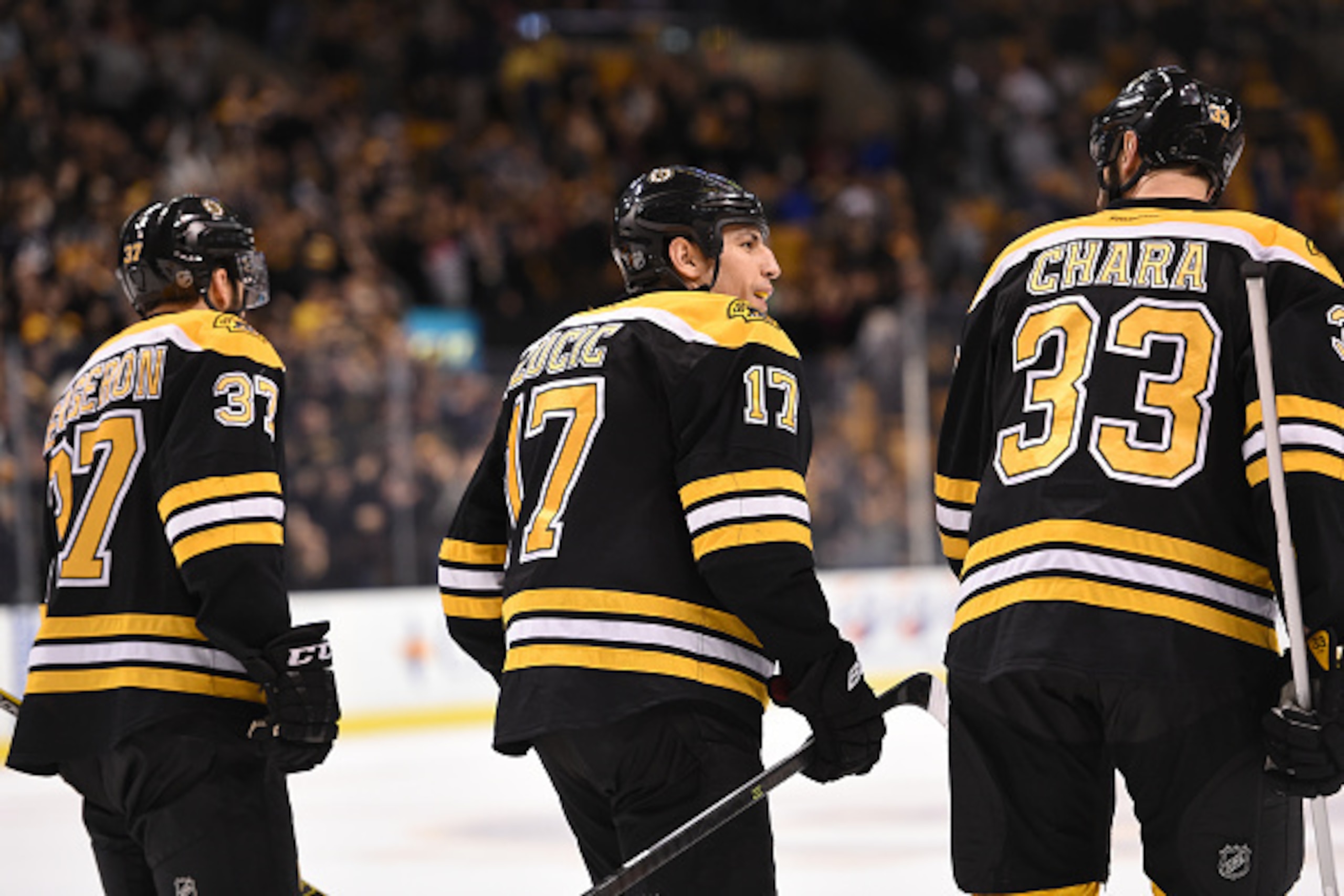BOSTON, MA - JANUARY 8 : Patrice Bergeron #37, Milan Lucic #17 and Zdeno Chara #33 of the Boston Bruins celebrate a goal against the New Jersey Devils at the TD Garden on January 8, 2015 in Boston, Massachusetts.  (Photo by Brian Babineau/NHLI via Getty I