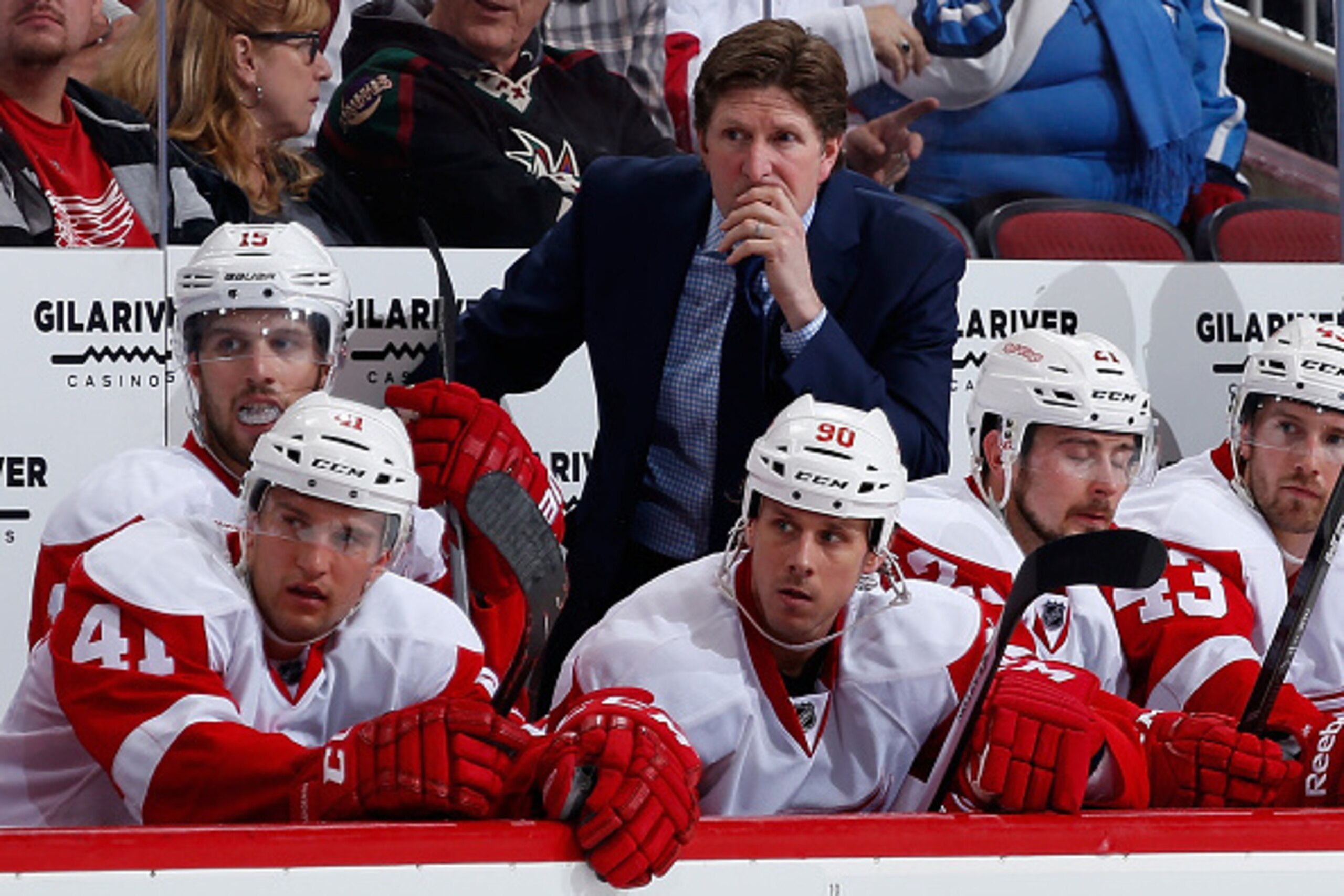 GLENDALE, AZ - FEBRUARY 07:  Head coach Mike Babcock of the Detroit Red Wings on the bench during the NHL game against the Arizona Coyotes at Gila River Arena on February 7, 2015 in Glendale, Arizona. The Red Wings defeated the Coyotes 3-1.  (Photo by Chr