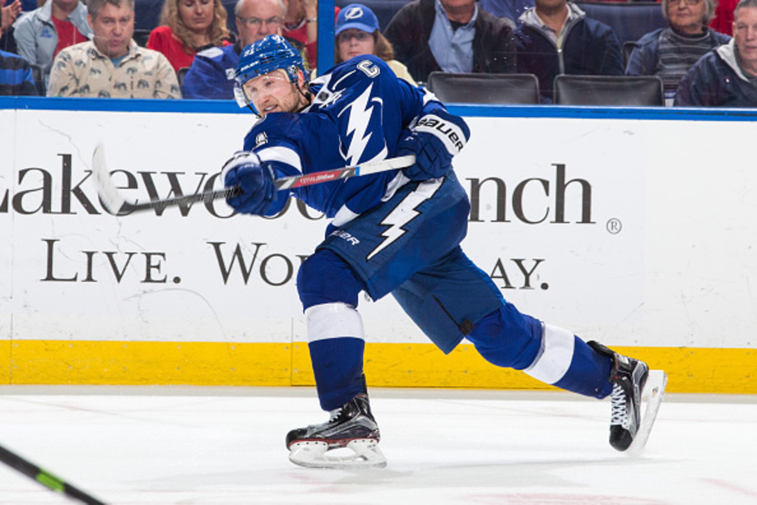 TAMPA, FL - FEBRUARY 27: Steven Stamkos #91 of the Tampa Bay Lightning shoots the puck against the Chicago Blackhawks for his second goal of the game during the third period at the Amalie Arena on February 27, 2015 in Tampa, Florida.  (Photo by Scott Aude