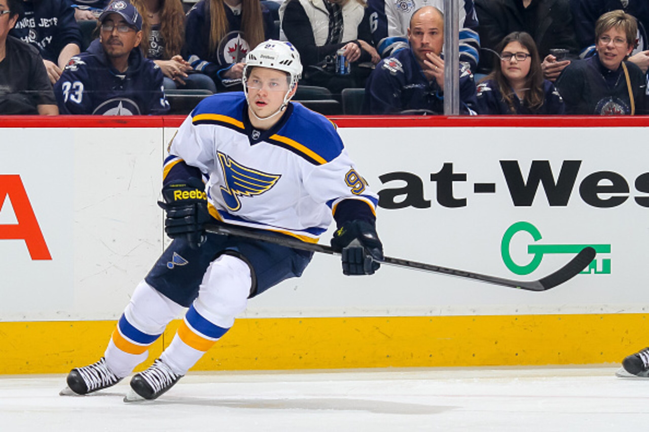 WINNIPEG, CANADA - FEBRUARY 26: Vladimir Tarasenko #91 of the St. Louis Blues keeps an eye on the play during first period action against the Winnipeg Jets on February 26, 2015 at the MTS Centre in Winnipeg, Manitoba, Canada. The Blues defeated the Jets 2