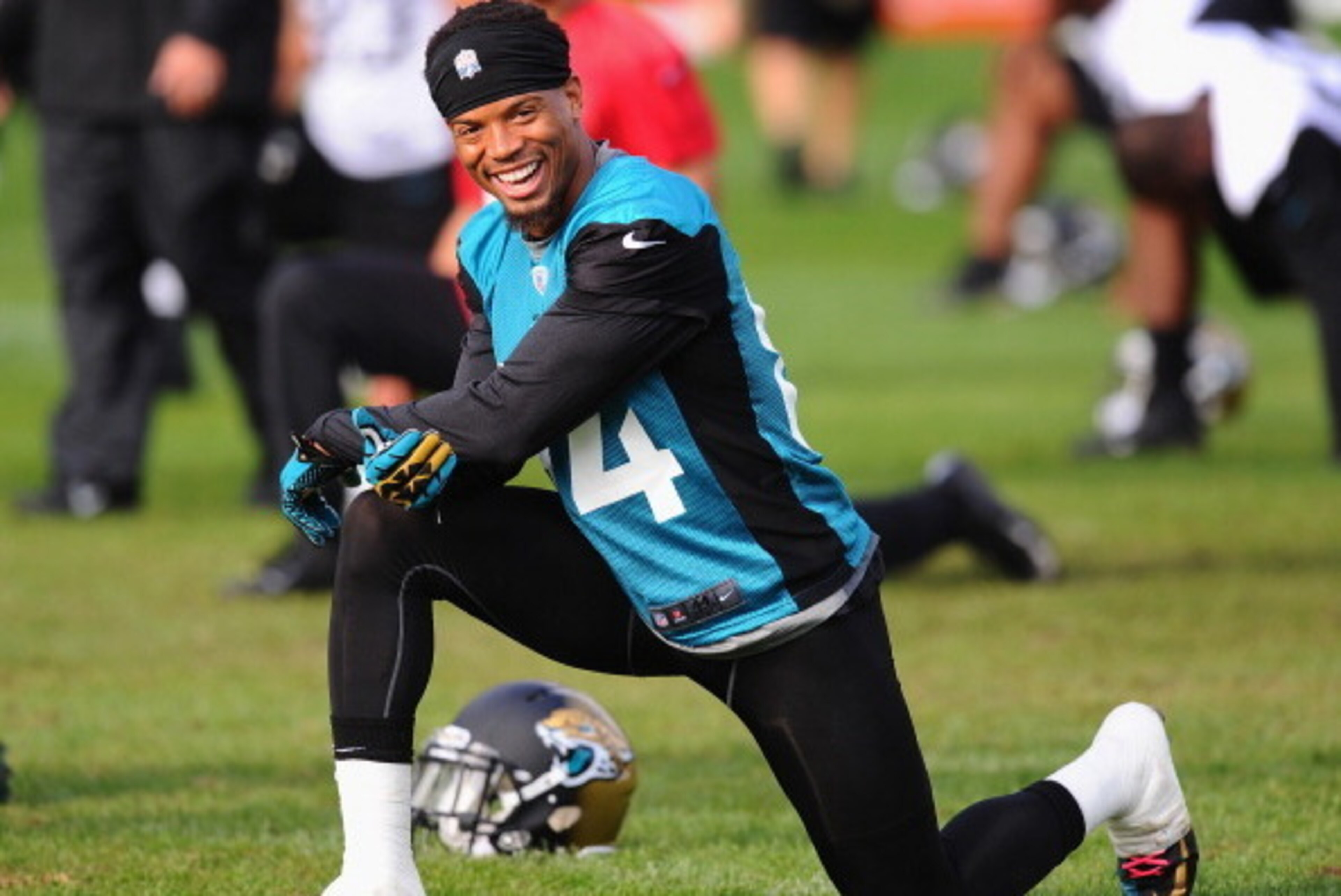 BAGSHOT, ENGLAND - OCTOBER 25: Wide receiver Cecil Shorts lll of Jacksonville Jaguars stretches during a training session at Pennyhill Park Hotel ahead of Sunday's NFL match at Wembley Stadium between Jacksonville Jaguars and San Francisco 49ers on Octob BAGSHOT, ENGLAND - OCTOBER 25: Wide receiver Cecil Shorts lll of Jacksonville Jaguars stretches during a training session at Pennyhill Park Hotel ahead of Sunday's NFL match at Wembley Stadium between Jacksonville Jaguars and San Francisco 49ers on Octob