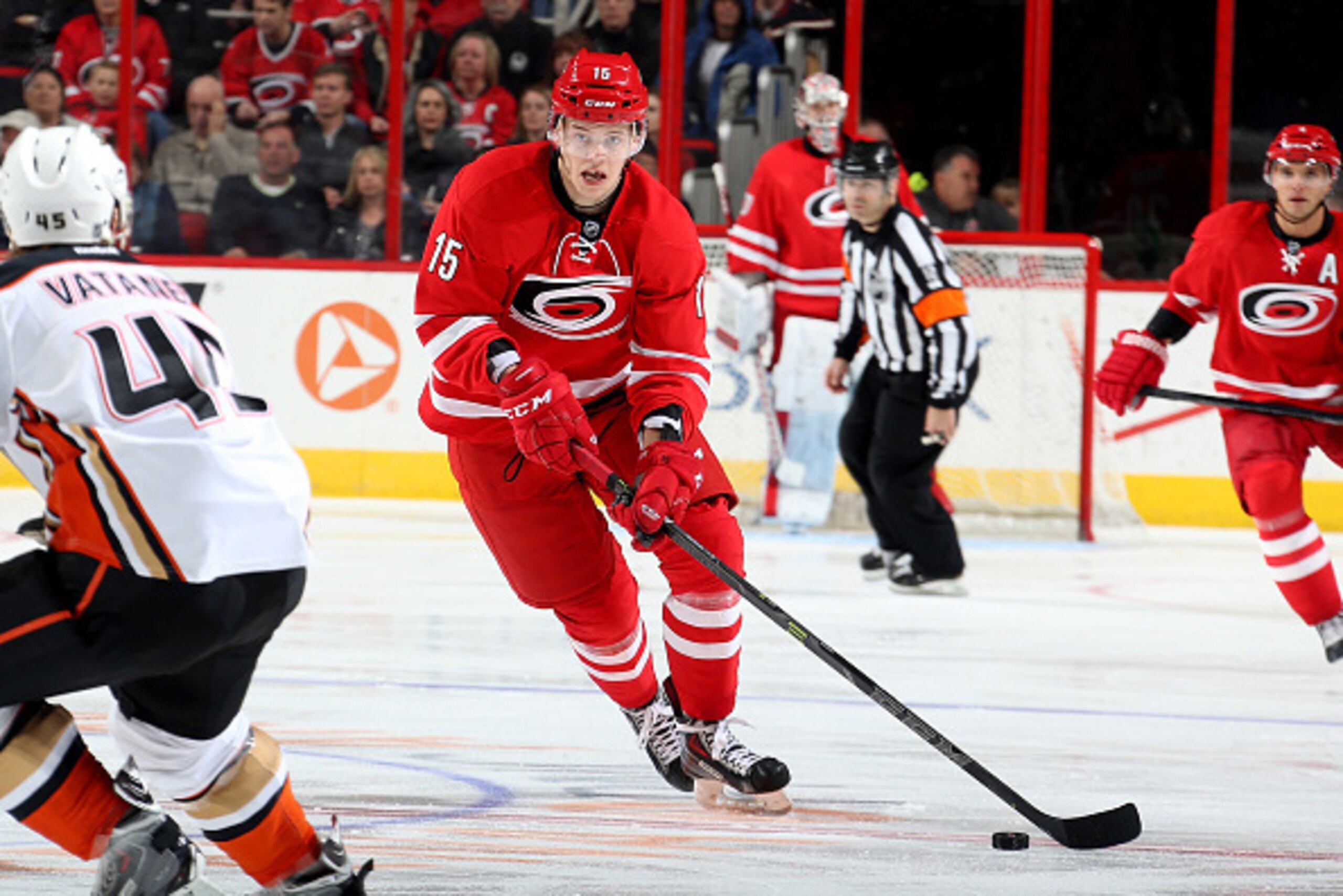 RALEIGH, NC - FEBRUARY 12: Andrej Nestrasil #15  of the Carolina Hurricanes carries the puck during their NHL game against the Anaheim Ducks at PNC Arena on Febuary 12, 2015 in Raleigh, North Carolina.  (Photo by Gregg Forwerck/NHLI via Getty Images)