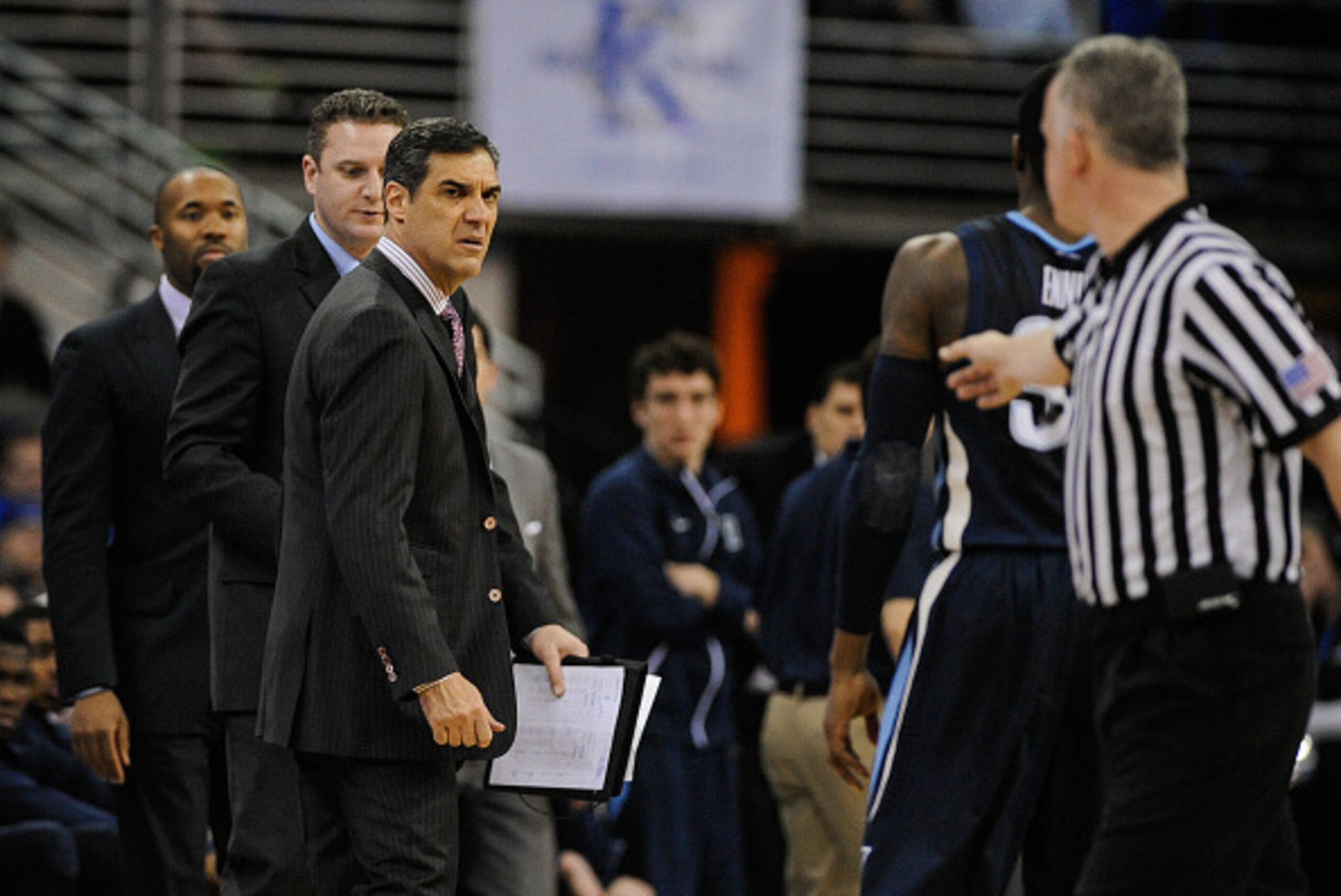 OMAHA, NE - MARCH 3: Head coach Jay Wright of the Villanova Wildcats reacts to the officiating during their game against the Creighton Bluejays at CenturyLink Center March 3, 2015 in Omaha, Nebraska.   (Photo by Eric Francis/Getty Images)