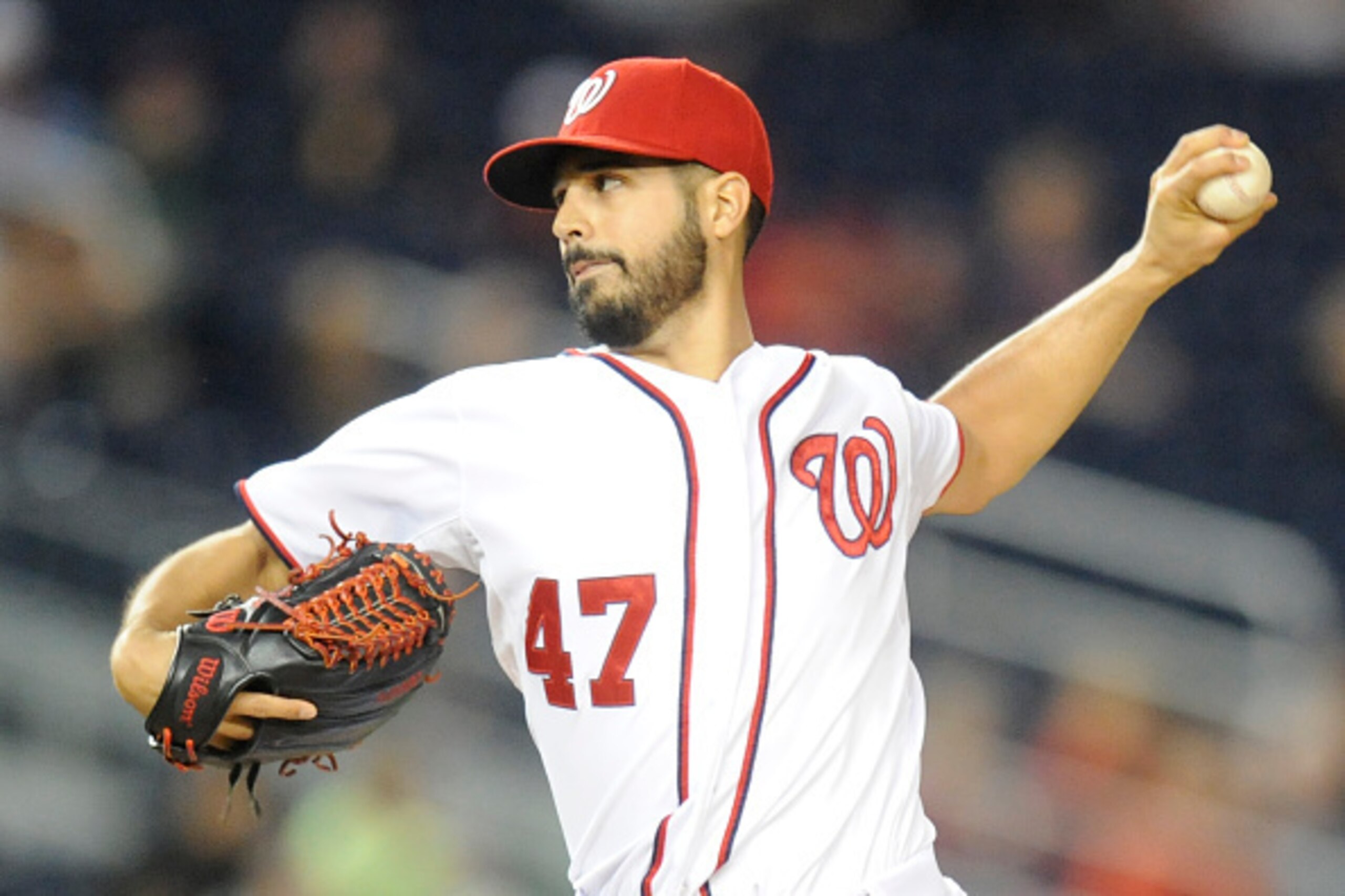 WASHINGTON, DC - SEPTEMBER 25:  Gio Gonzalez #47 of the Washington Nationals pitches in the first inning during game two of a doubleheader baseball game against the New York Mets on September 25, 2014 at Nationals Park in Washington, DC.  (Photo by Mitche