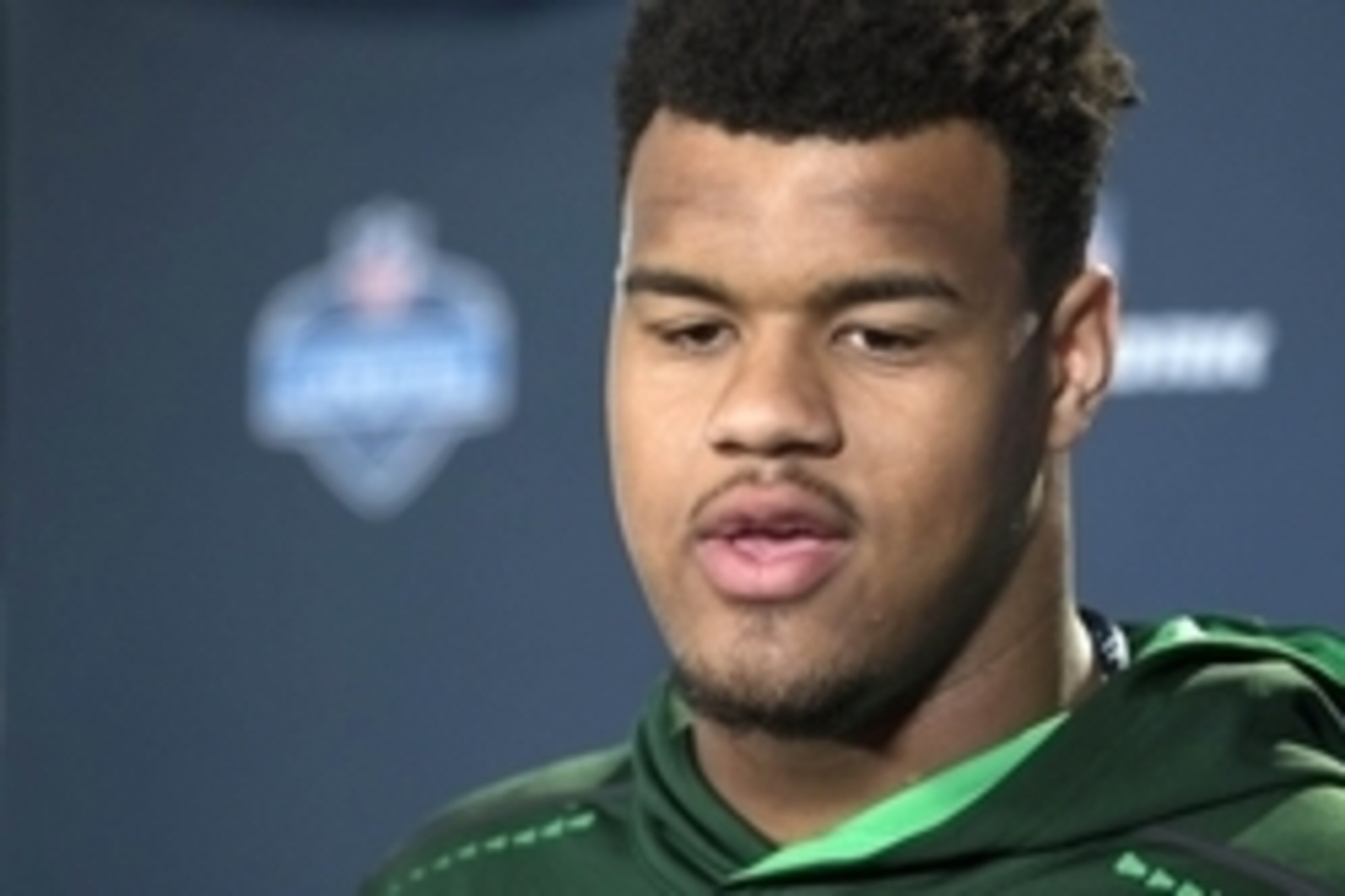 Feb 21, 2015; Indianapolis, IN, USA; Oregon defensive lineman Arik Armstead talks to the media at the 2015 NFL Combine at Lucas Oil Stadium. Mandatory Credit: Trevor Ruszkowski-USA TODAY Sports