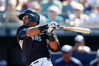 PEORIA, AZ - MARCH 05:  Nelson Cruz #23 of the Seattle Mariners hits a single against the San Diego Padres during the first inning of the spring training game at Peoria Stadium on March 5, 2015 in Peoria, Arizona.  (Photo by Christian Petersen/Getty Image