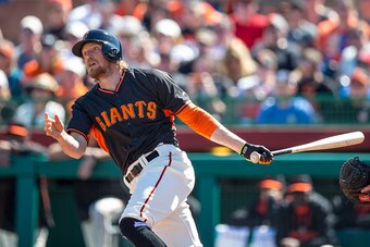 SCOTTSDALE, AZ - MARCH 4: Hunter Pence #8 of the San Francisco Giants doubles in the first inning during a spring training game against the Oakland Athletics at Scottsdale Stadium on March 4, 2015 in Scottsdale, Arizona. (Photo by Rob Tringali/Getty Image