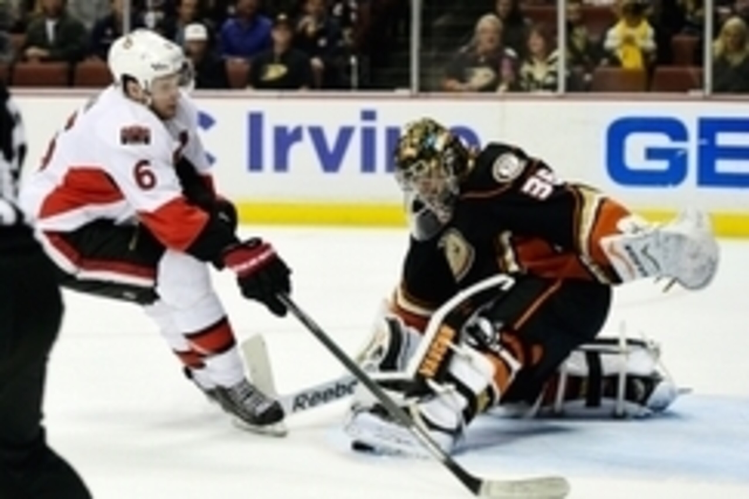 Feb 25, 2015; Anaheim, CA, USA; Anaheim Ducks goalie John Gibson (36) makes a save in front of Ottawa Senators right wing Bobby Ryan (6) during the third period at Honda Center. The Ottawa Senators won 3-0. Mandatory Credit: Kelvin Kuo-USA TODAY Sports Feb 25, 2015; Anaheim, CA, USA; Anaheim Ducks goalie John Gibson (36) makes a save in front of Ottawa Senators right wing Bobby Ryan (6) during the third period at Honda Center. The Ottawa Senators won 3-0. Mandatory Credit: Kelvin Kuo-USA TODAY Sports