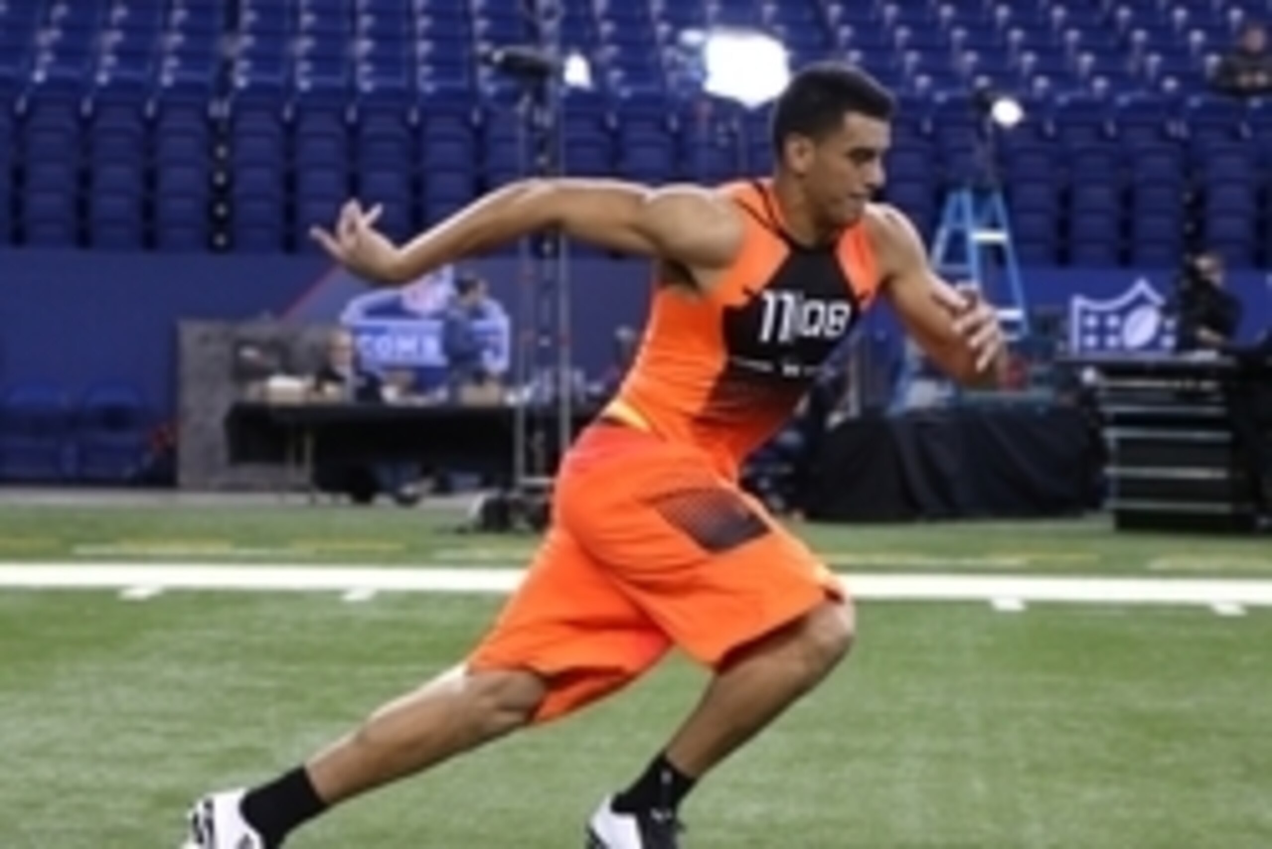 Feb 21, 2015; Indianapolis, IN, USA; Oregon Ducks quarterback Marcus Mariota does the shuttle run during the 2015 NFL Combine at Lucas Oil Stadium. Mandatory Credit: Brian Spurlock-USA TODAY Sports