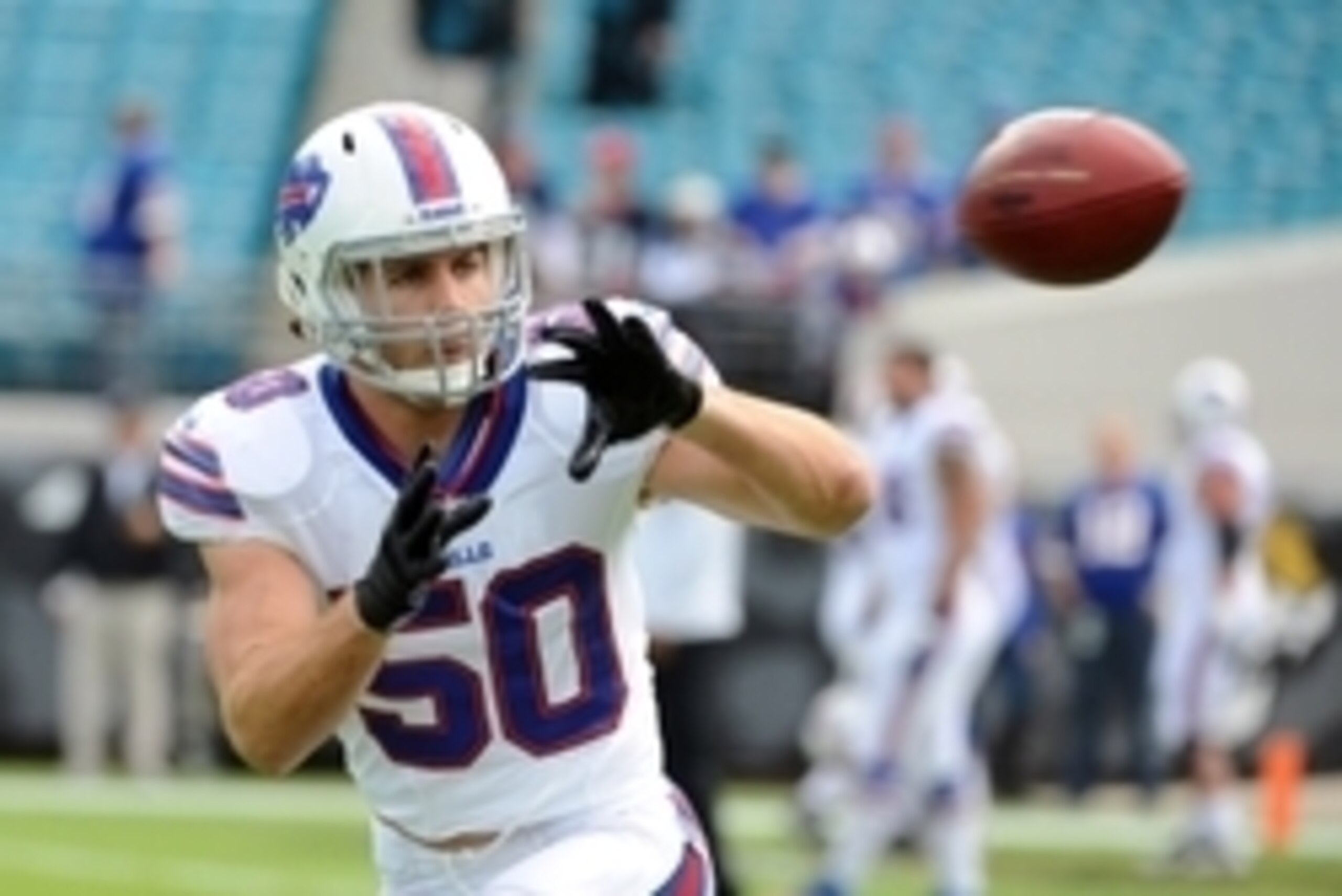 Dec 15, 2013; Jacksonville, FL, USA; Buffalo Bills middle linebacker Kiko Alonso (50) warms up before the game against the Jacksonville Jaguars at EverBank Field. Mandatory Credit: Melina Vastola-USA TODAY Sports