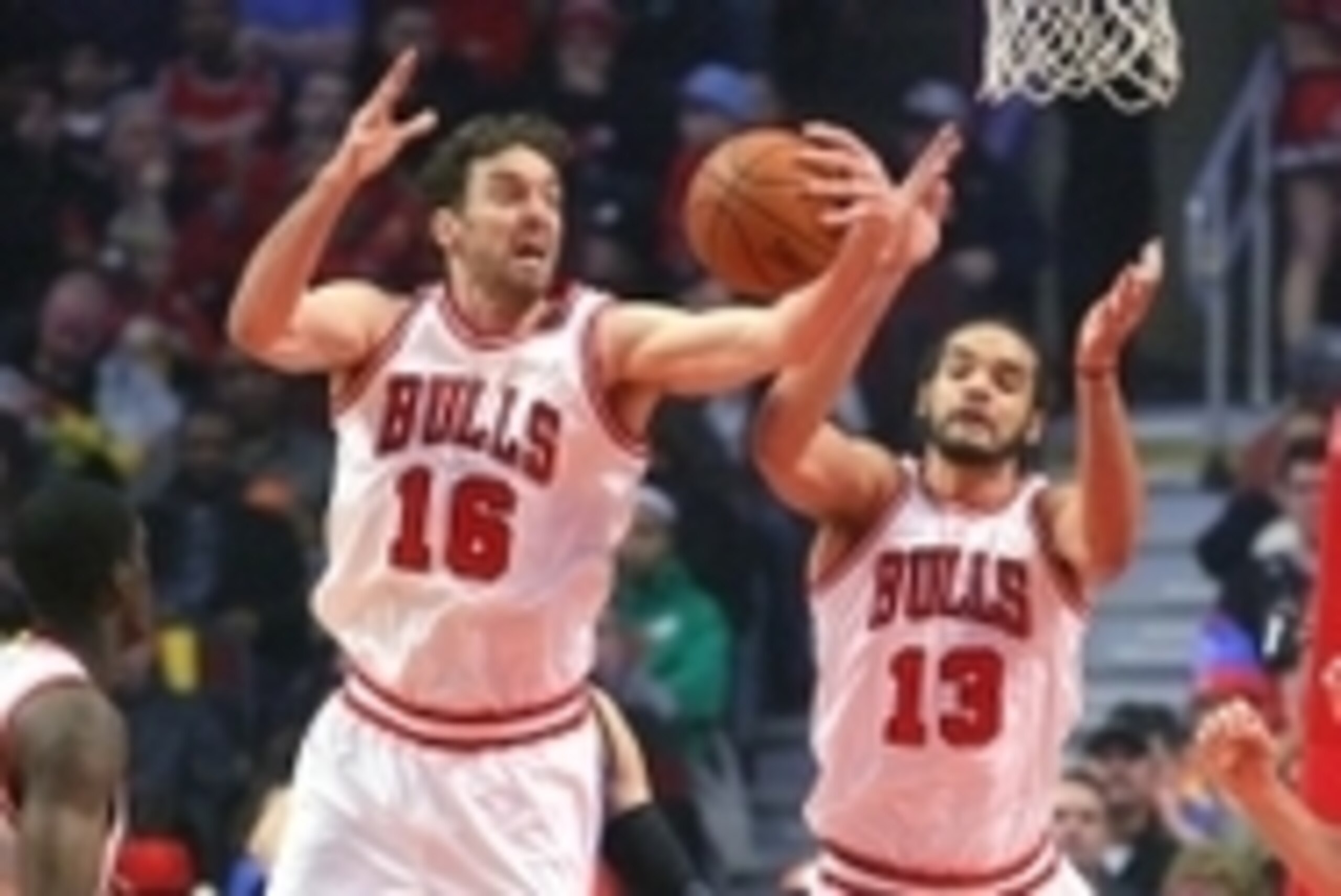 Mar 5, 2015; Chicago, IL, USA; Chicago Bulls forward Pau Gasol (16) and center Joakim Noah (13) fight for a rebound during the first quarter against the Oklahoma City Thunder at the United Center. Mandatory Credit: Dennis Wierzbicki-USA TODAY Sports