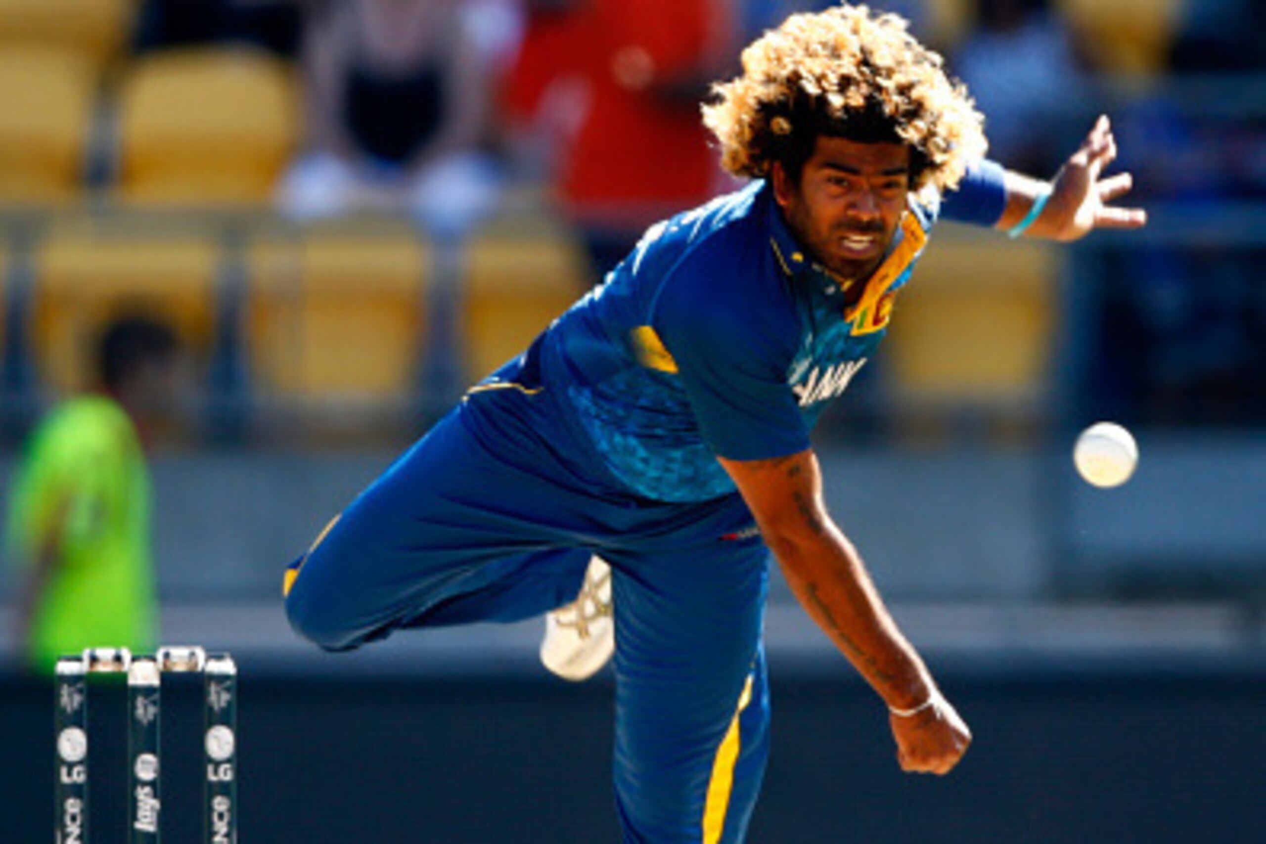 WELLINGTON, NEW ZEALAND - MARCH 01: Lasith Malinga of Sri Lanka bowls  during the 2015 ICC Cricket World Cup match between England and Sri Lanka at Wellington Regional Stadium on March 1, 2015 in Wellington, New Zealand.  (Photo by Phil Walter/Getty Image