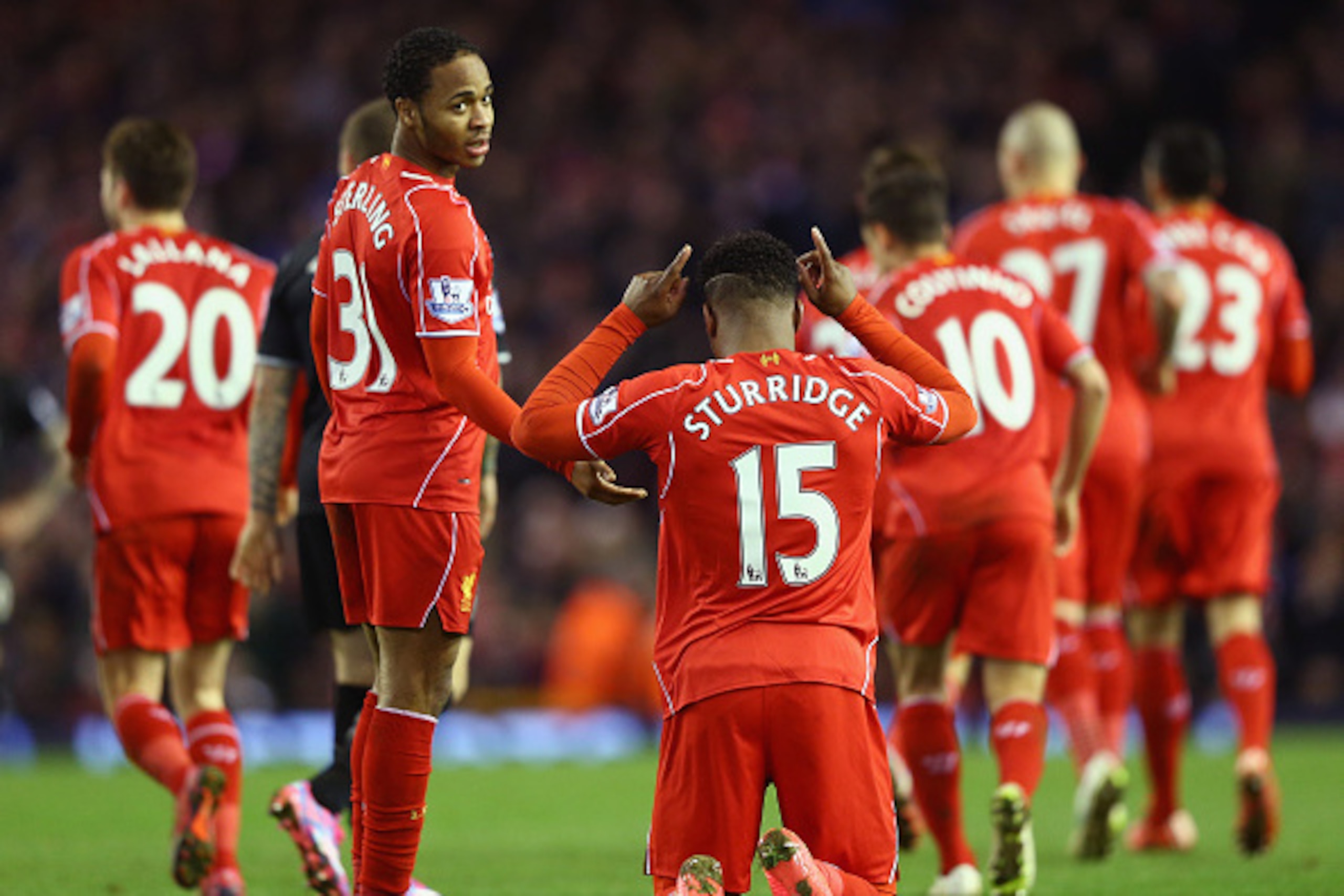 LIVERPOOL, ENGLAND - MARCH 04: Daniel Sturridge of Liverpool celebrates scoring their second goal during the Barclays Premier League match between Liverpool and Burnley at Anfield on March 4, 2015 in Liverpool, England. (Photo by Michael Steele/Getty Ima LIVERPOOL, ENGLAND - MARCH 04: Daniel Sturridge of Liverpool celebrates scoring their second goal during the Barclays Premier League match between Liverpool and Burnley at Anfield on March 4, 2015 in Liverpool, England. (Photo by Michael Steele/Getty Ima