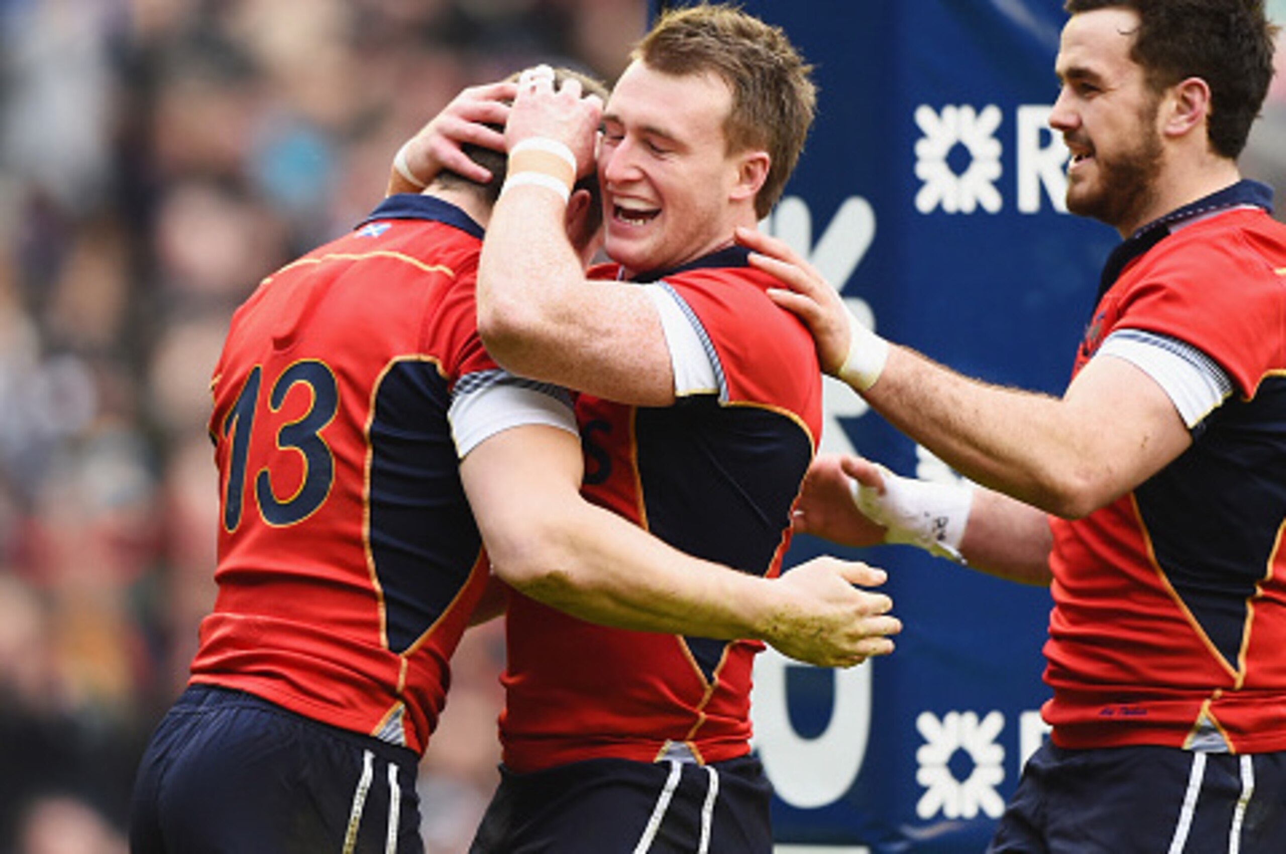 EDINBURGH, SCOTLAND - FEBRUARY 28:  Mark Bennett of Scotland celebrates with Stuart Hogg after scoring a try against Italy during the RBS Six Nations match between Scotland and Italy at Murrayfield stadium on February 28, 2015 in Edinburgh, Scotland.  (Ph