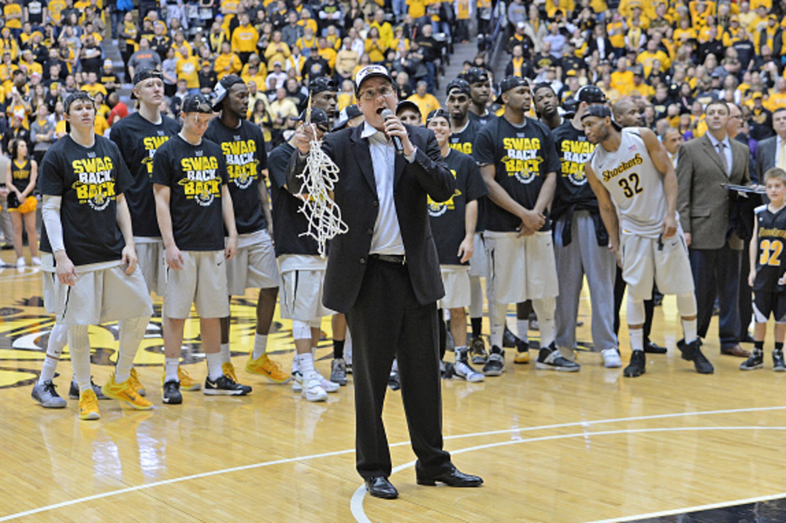 WICHITA, KS - FEBRUARY 28: Head coach Gregg Marshall (C) of the Wichita State Shockers address the crowd after beating the Northern Iowa Panthers to win the Missouri Valley Conference Championship on February 28, 2015 at Charles Koch Arena in Wichita, Kan