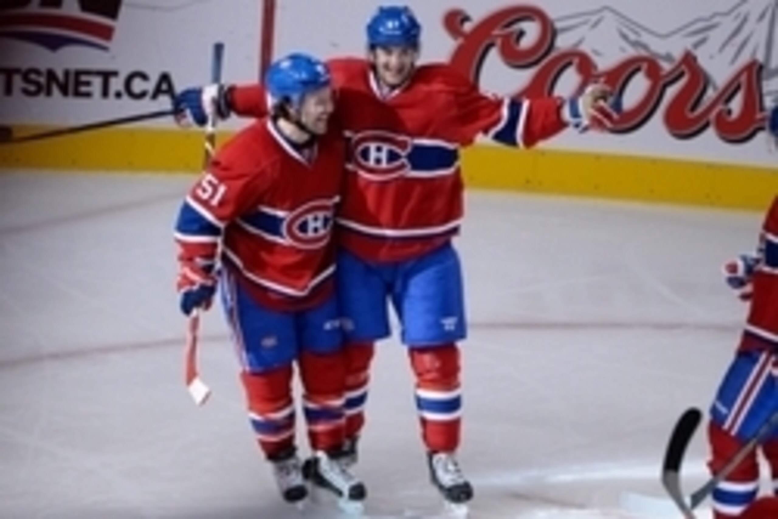 Nov 15, 2014; Montreal, Quebec, CAN; Montreal Canadiens forward David Desharnais (51)reacts with teammate Max Pacioretty (67) after scoring a goal against the Philadelphia Flyers during the first period at the Bell Centre. Mandatory Credit: Eric Bolte-USA
