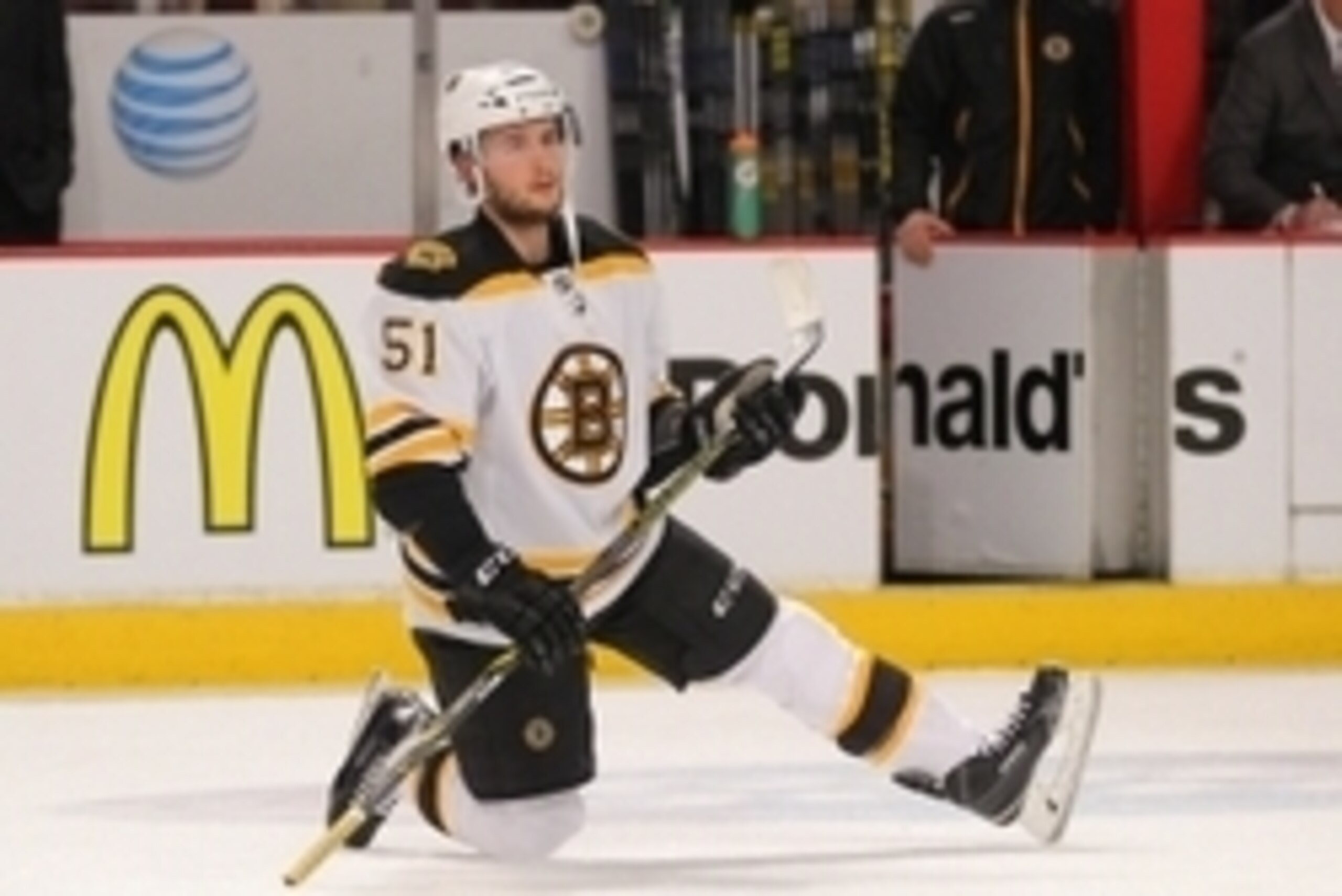 Feb 22, 2015; Chicago, IL, USA; Boston Bruins center Ryan Spooner (51) warms up prior to a game against the Chicago Blackhawks at the United Center. Mandatory Credit: Dennis Wierzbicki-USA TODAY Sports