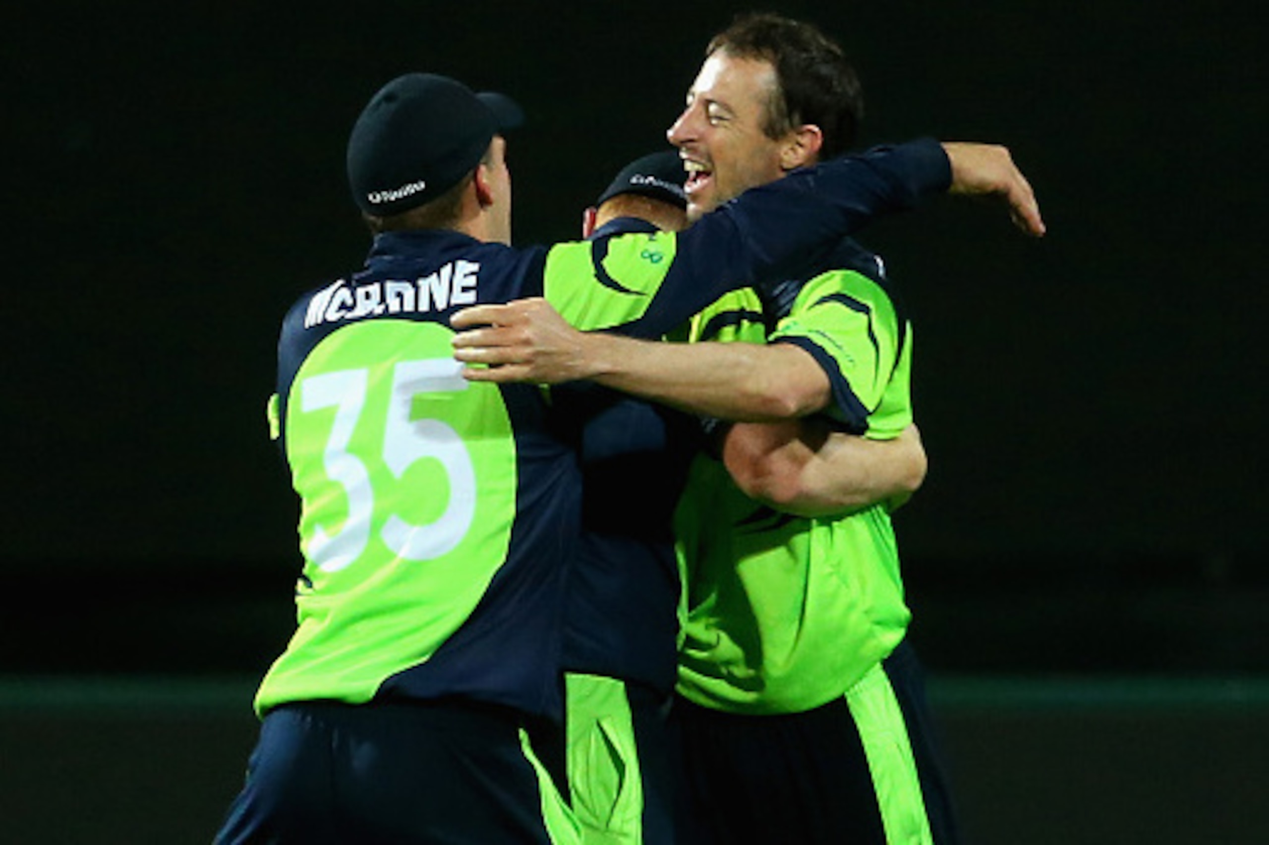 HOBART, AUSTRALIA - MARCH 07:  Alex Cusack of Ireland is congratulated by team mates after getting the wicket of Tawanda Mupariwa of Zimbabwe to win the 2015 ICC Cricket World Cup match between Zimbabwe and Ireland at Bellerive Oval on March 7, 2015 in Ho