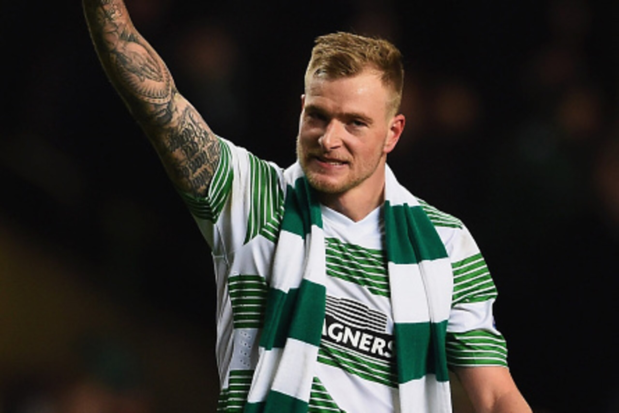 GLASGOW, SCOTLAND - FEBRUARY 19:  John Guidetti of Celtic salutes the crowd after the UEFA Europa League Round of 32 first leg match between Celtic FC and FC Internazionale Milano at Celtic Park Stadium on February 19, 2015 in Glasgow, United Kingdom.  (P