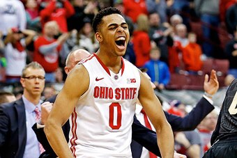 COLUMBUS, OH - MARCH 1:  D'Angelo Russell #0 of the Ohio State Buckeyes celebrates after Kam Williams #15 of the Ohio State Buckeyes hit a pair of free throws to seal Ohio State's comeback victory over the Purdue Boilermakers at Value City Arena on March 