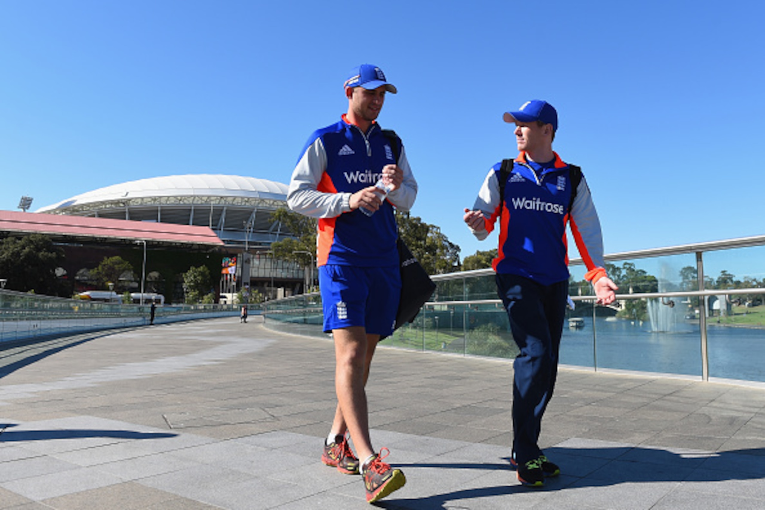 ADELAIDE, AUSTRALIA - MARCH 07:  England captain Eoin Morgan walks with Alex Hales back to the team hotel after an England nets session at Adelaide Oval on March 7, 2015 in Adelaide, Australia.  (Photo by Shaun Botterill/Getty Images)