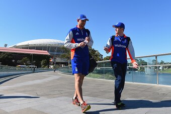 ADELAIDE, AUSTRALIA - MARCH 07: England captain Eoin Morgan walks with Alex Hales back to the team hotel after an England nets session at Adelaide Oval on March 7, 2015 in Adelaide, Australia. (Photo by Shaun Botterill/Getty Images) ADELAIDE, AUSTRALIA - MARCH 07: England captain Eoin Morgan walks with Alex Hales back to the team hotel after an England nets session at Adelaide Oval on March 7, 2015 in Adelaide, Australia. (Photo by Shaun Botterill/Getty Images)