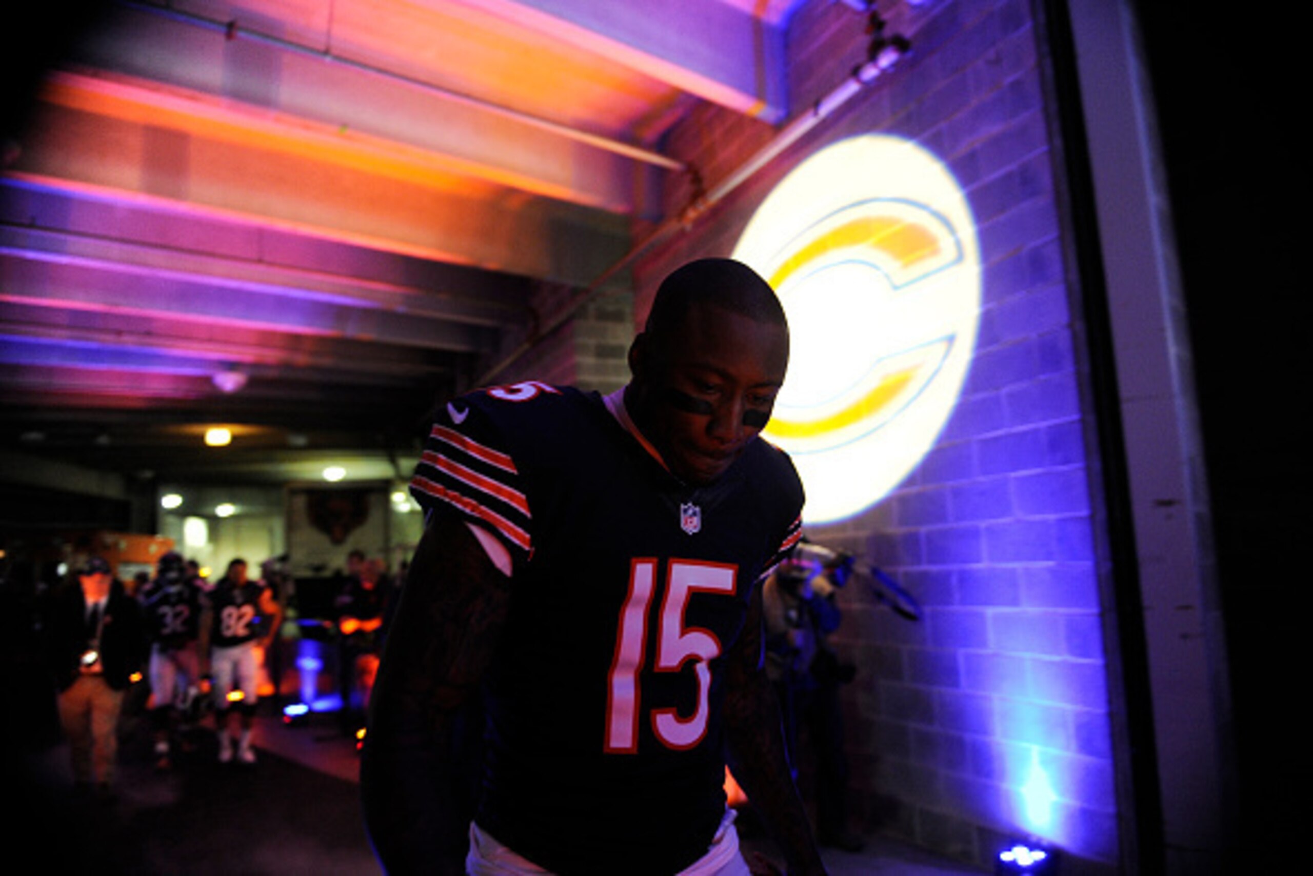 CHICAGO, IL- OCTOBER 19: Brandon Marshall #15 of the Chicago Bears in the tunnel before the game against the Miami Dolphins on October 19, 2014 at Soldier Field in Chicago, Illinois.  (Photo by David Banks/Getty Images)
