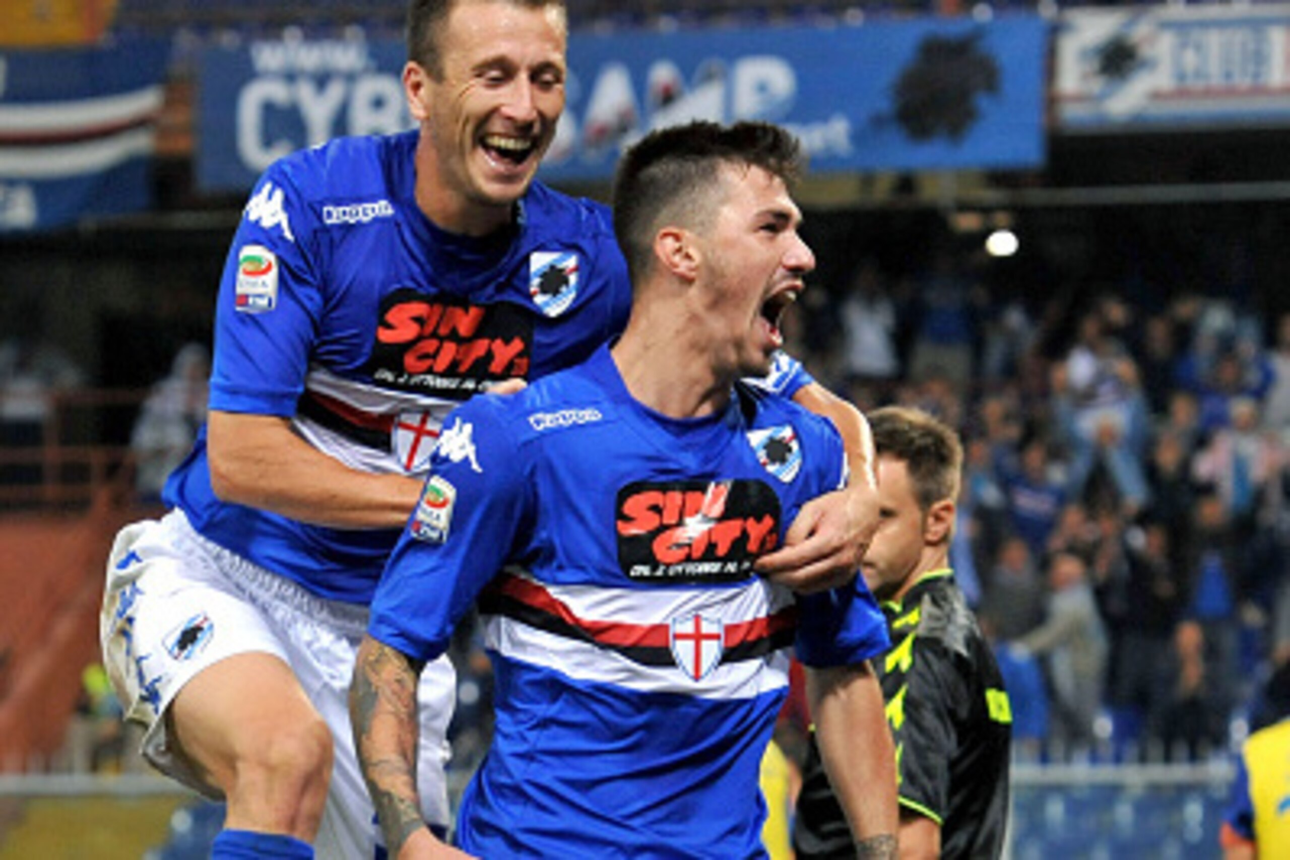 GENOA, ITALY - SEPTEMBER 24: Alessio Romagnoli of UC Sampdoria celebrates after scoring his team second goal during the Serie A match between UC Sampdoria and AC Chievo Verona at Stadio Luigi Ferraris on September 24, 2014 in Genoa, Italy. (Photo by Get GENOA, ITALY - SEPTEMBER 24: Alessio Romagnoli of UC Sampdoria celebrates after scoring his team second goal during the Serie A match between UC Sampdoria and AC Chievo Verona at Stadio Luigi Ferraris on September 24, 2014 in Genoa, Italy. (Photo by Get