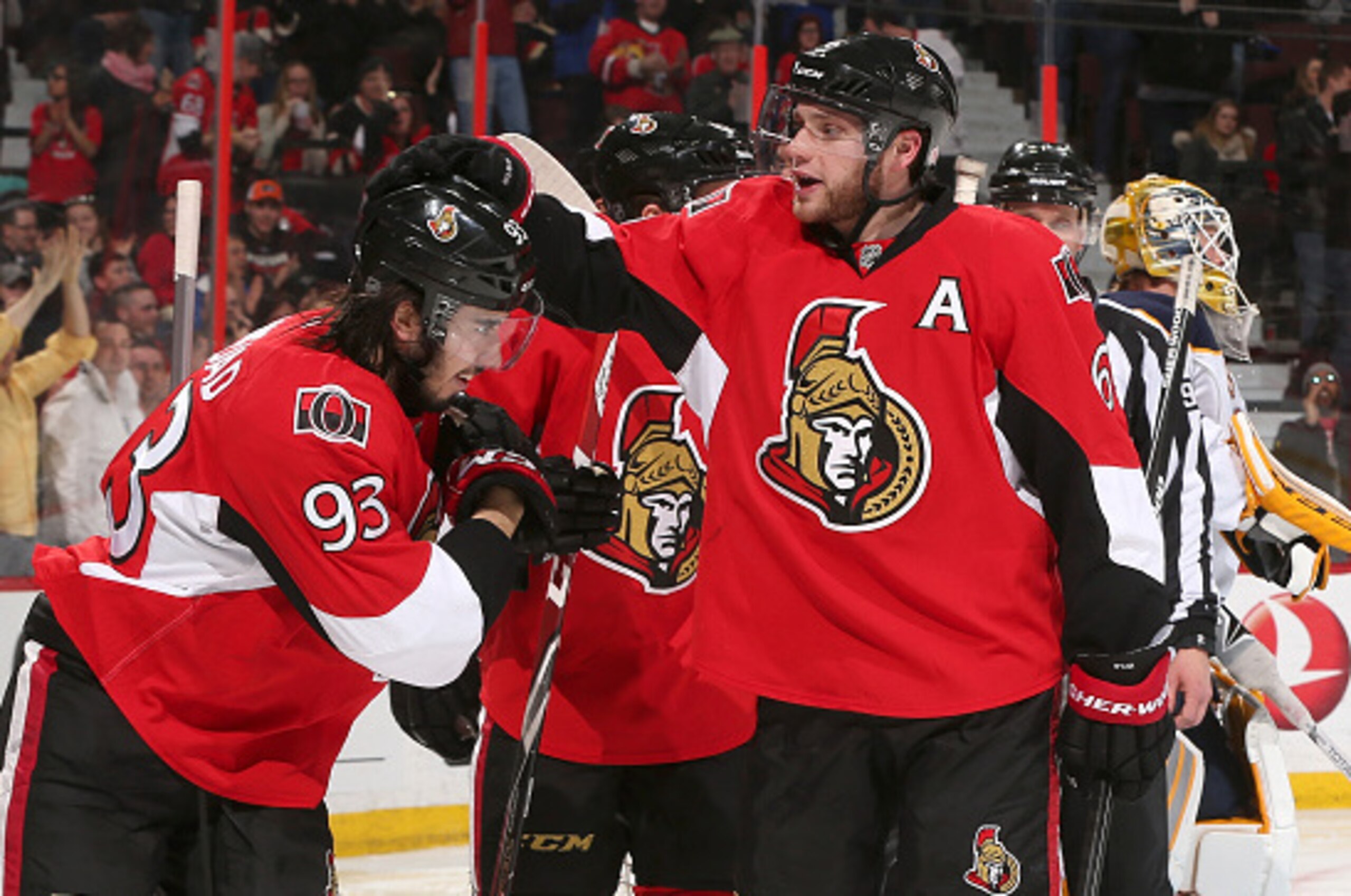 OTTAWA, ON - MARCH 6: Mika Zibanejad #93 of the Ottawa Senators celebrates his third period goal against the Buffalo Sabres with teammate Bobby Ryan #6 at Canadian Tire Centre on March 6, 2015 in Ottawa, Ontario, Canada. (Photo by Andre Ringuette/NHLI via