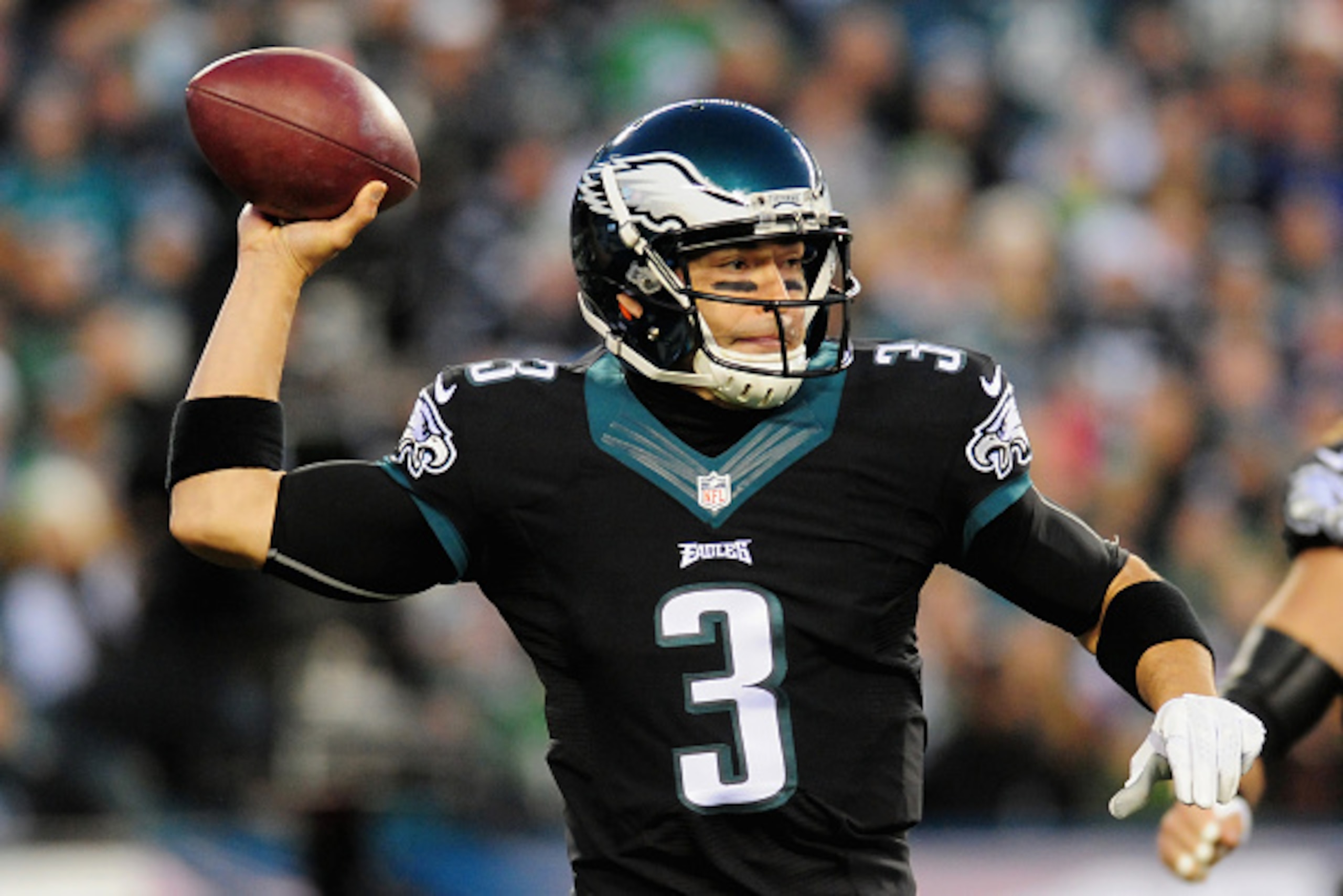 PHILADELPHIA, PA - DECEMBER 07:  Quarterback  Mark Sanchez #3 of the Philadelphia Eagles looks ot pass against the Seattle Seahawks in the first quarter of the game at Lincoln Financial Field on December 7, 2014 in Philadelphia, Pennsylvania.  (Photo by E