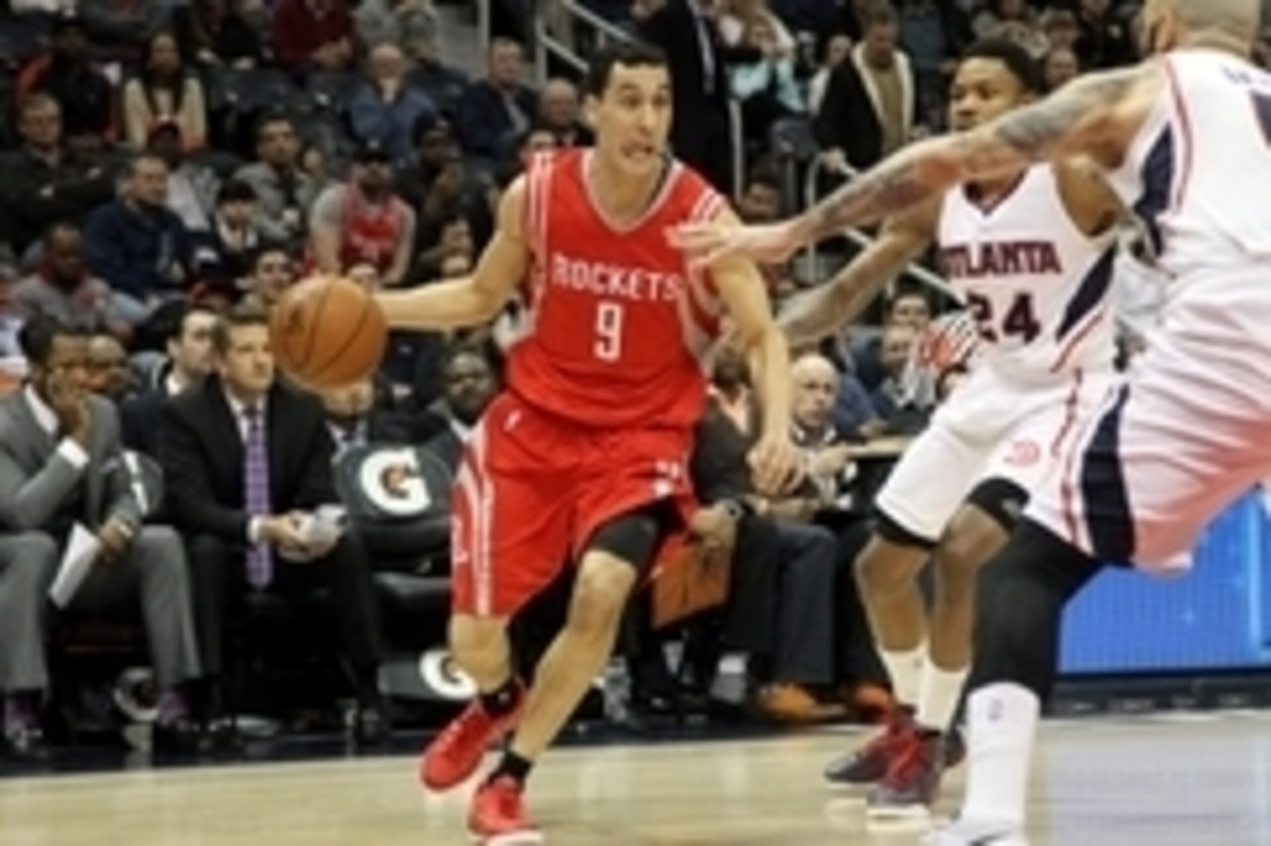 Mar 3, 2015; Atlanta, GA, USA; Houston Rockets guard Pablo Prigioni (9) drives to the basket against the Atlanta Hawks in the first quarter at Philips Arena. Mandatory Credit: Brett Davis-USA TODAY Sports