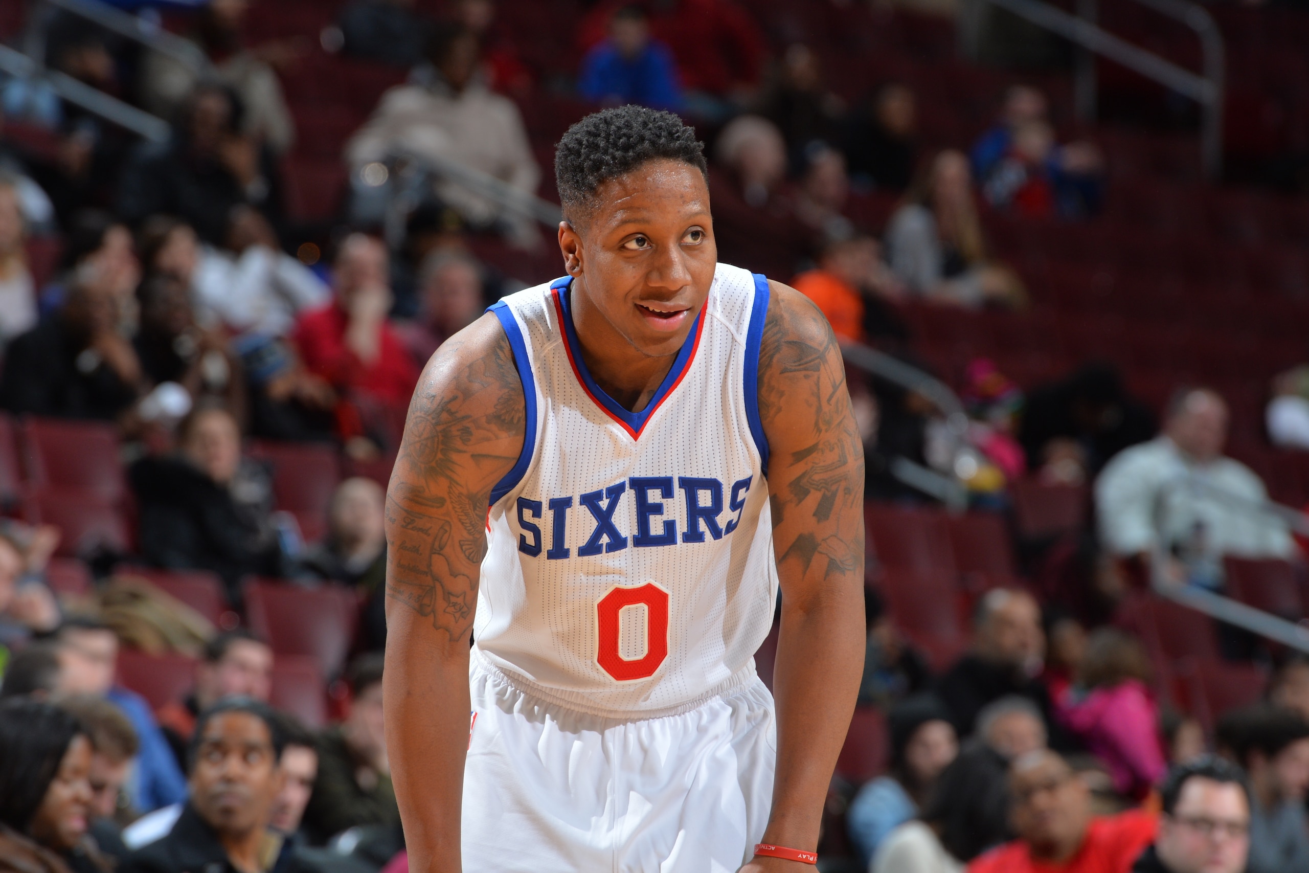 PHILADELPHIA,PA - MARCH 6: Isaiah Canaan #0 of the Philadelphia 76ers looks on against the Utah Jazz at Wells Fargo Center on March 6, 2015 in Philadelphia, Pennsylvania NOTE TO USER: User expressly acknowledges and agrees that, by downloading and/or usin