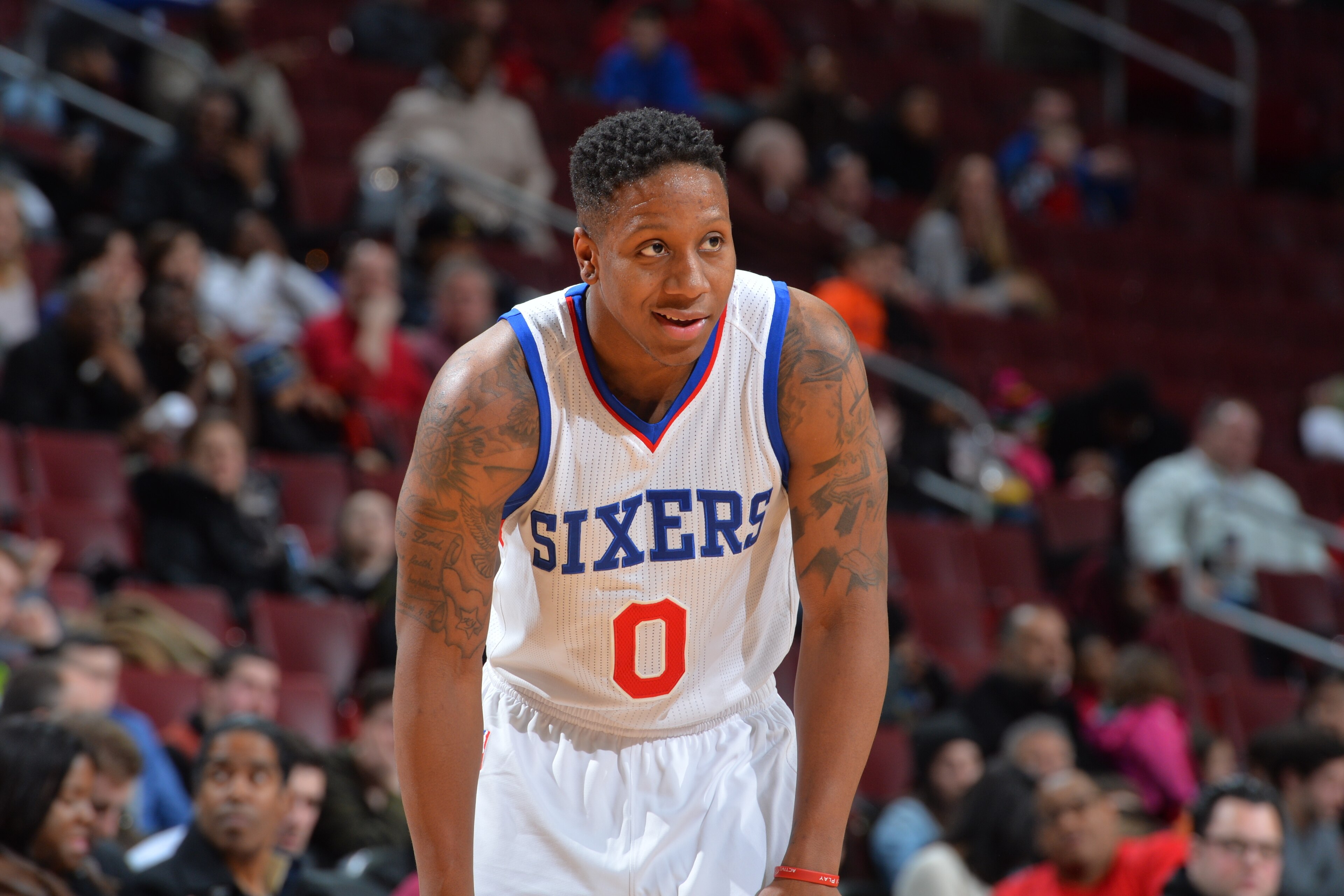 PHILADELPHIA,PA - MARCH 6: Isaiah Canaan #0 of the Philadelphia 76ers looks on against the Utah Jazz at Wells Fargo Center on March 6, 2015 in Philadelphia, Pennsylvania NOTE TO USER: User expressly acknowledges and agrees that, by downloading and/or usin