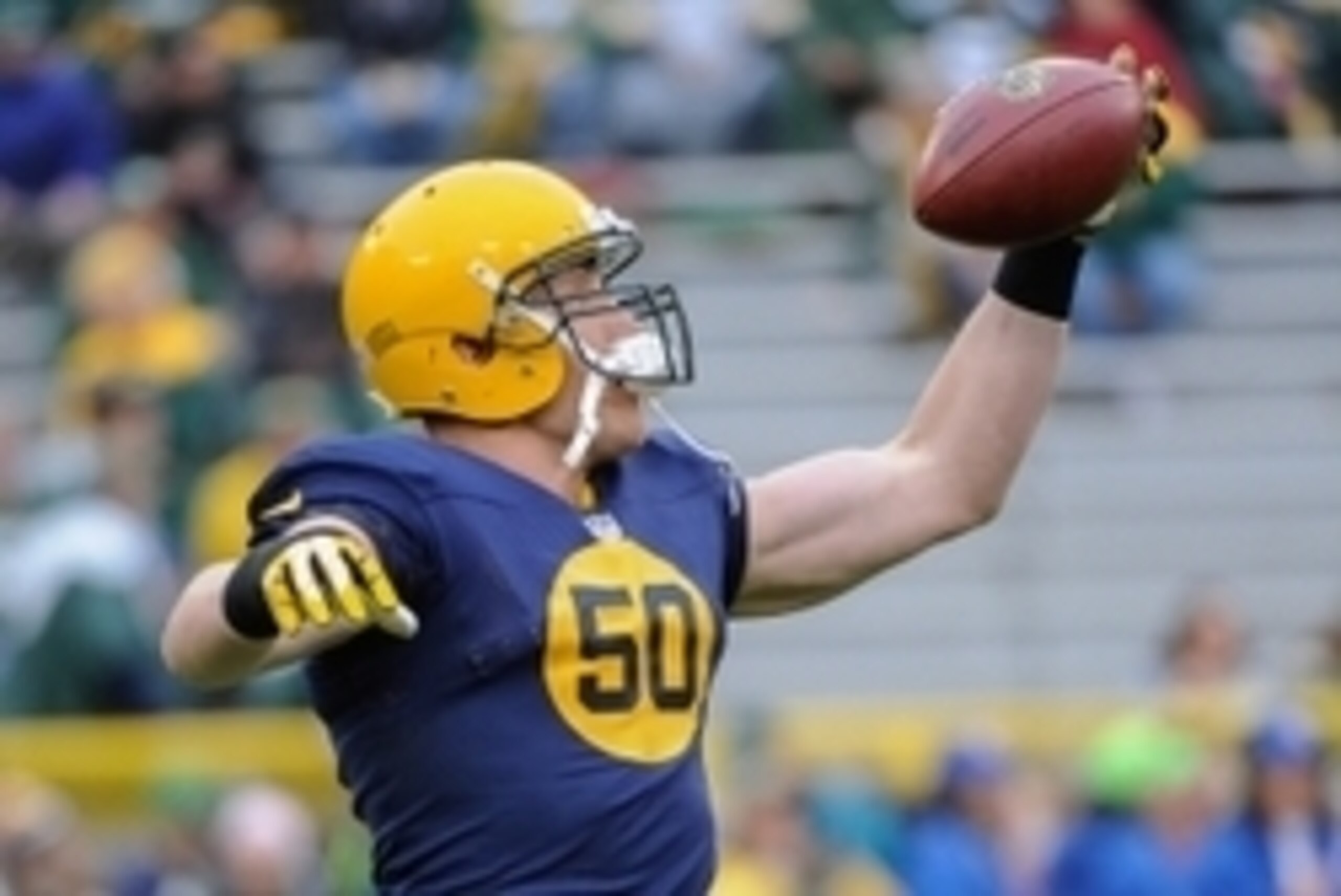 Oct 20, 2013; Green Bay, WI, USA;  Green Bay Packers linebacker A.J. Hawk (50) warms up before game against the Cleveland Browns at Lambeau Field. Mandatory Credit: Benny Sieu-USA TODAY Sports